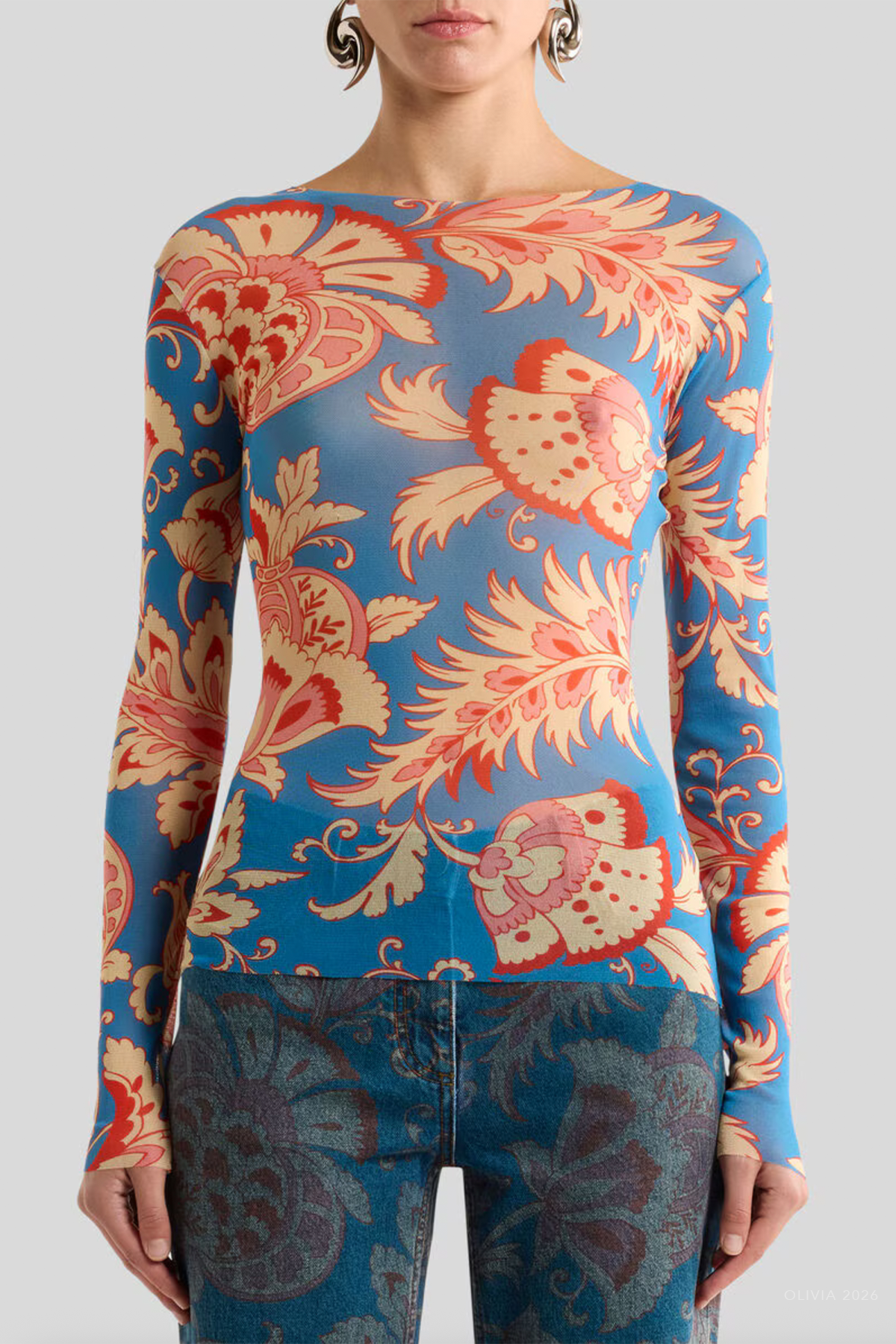 Floral Motif Stretch Tulle Top in Light Blue