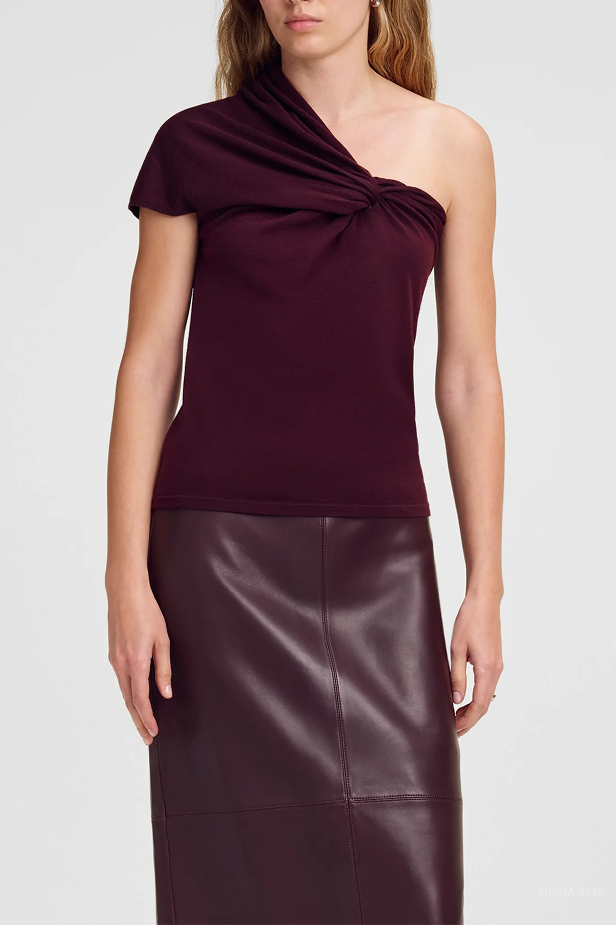 Kaylee Fine Merino One Shoulder Top in Dark Mulberry