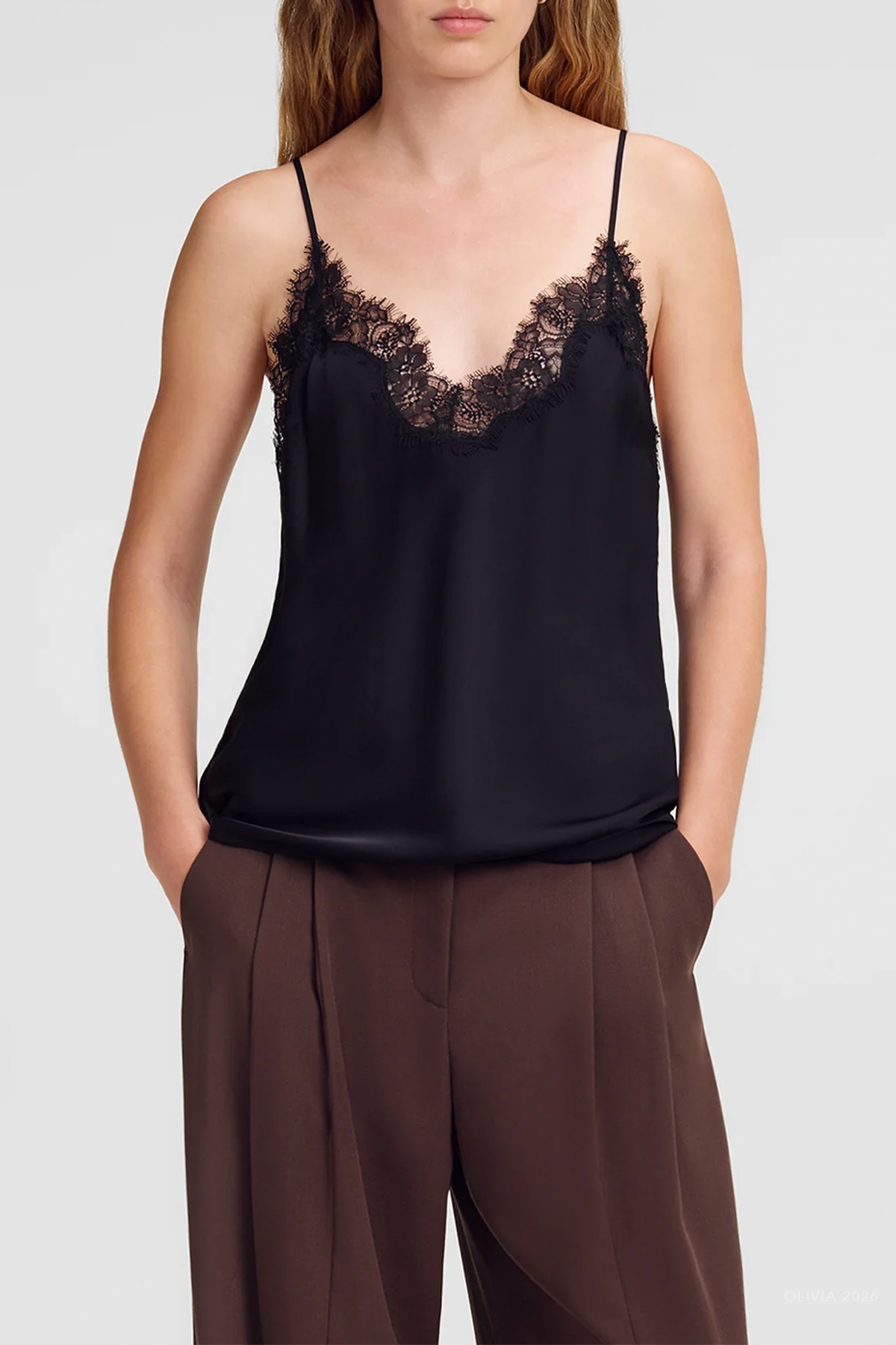 Annabelle Silk and Lace Camisole Top in Black Black