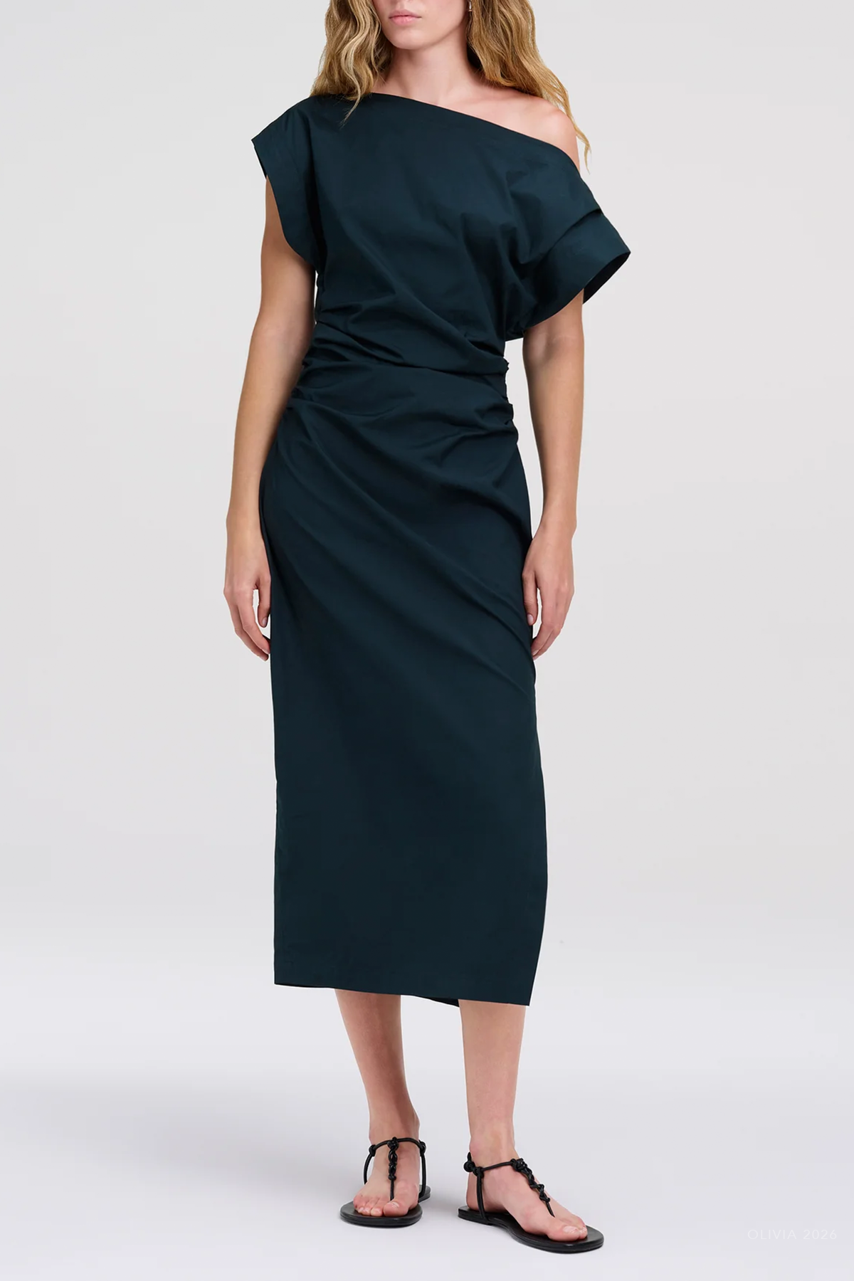 Nara Stretch Cotton Off Shoulder Midi Dress in Carbon Blue