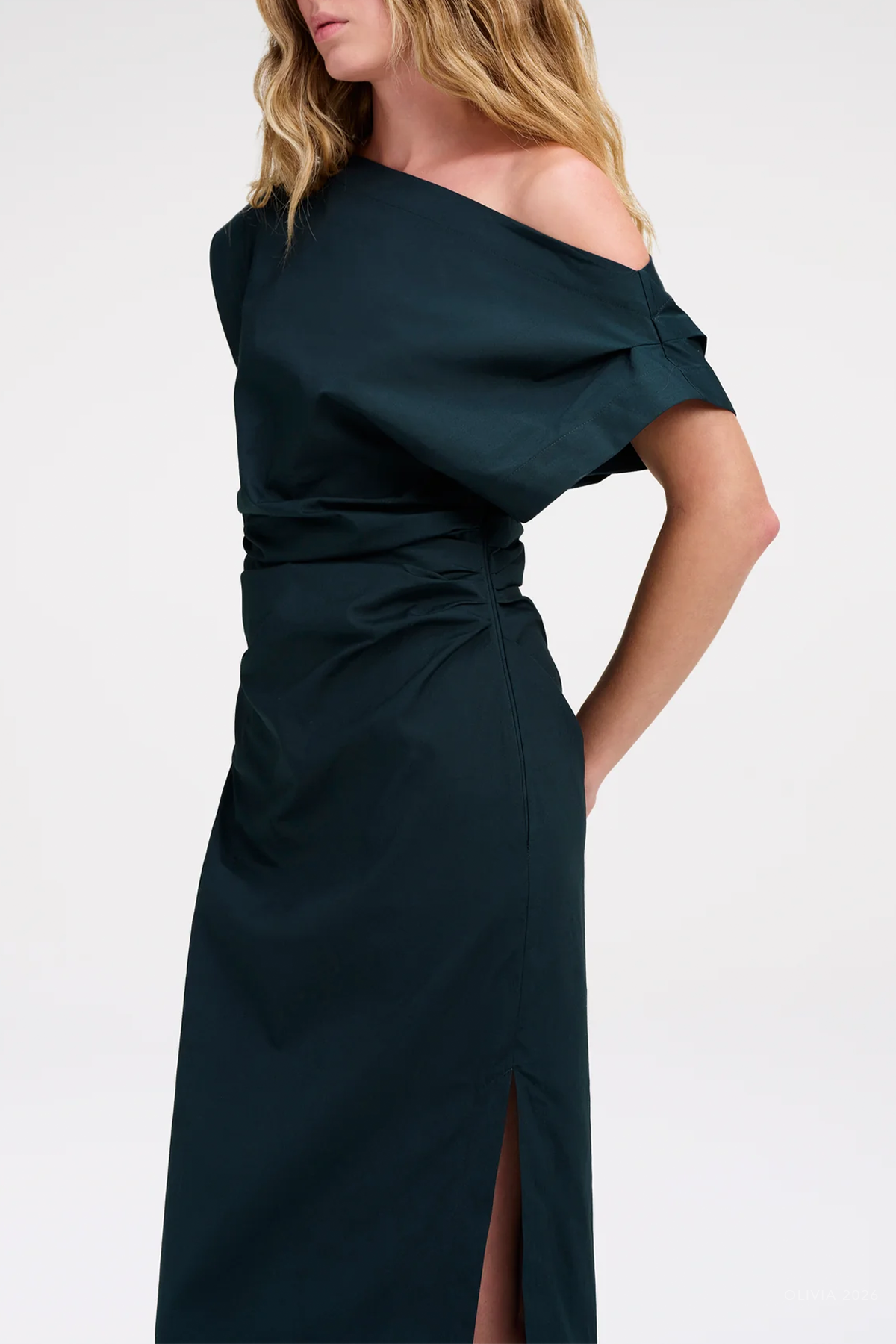 Nara Stretch Cotton Off Shoulder Midi Dress in Carbon Blue