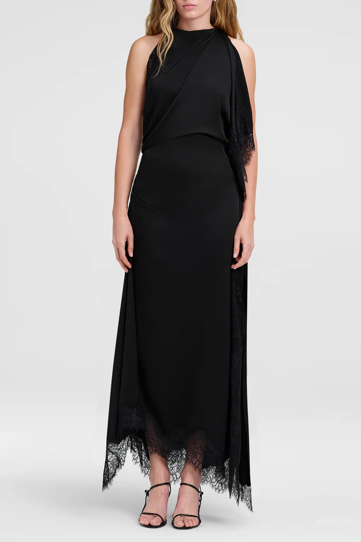 Miriam Satin and Lace Maxi Dress in Black