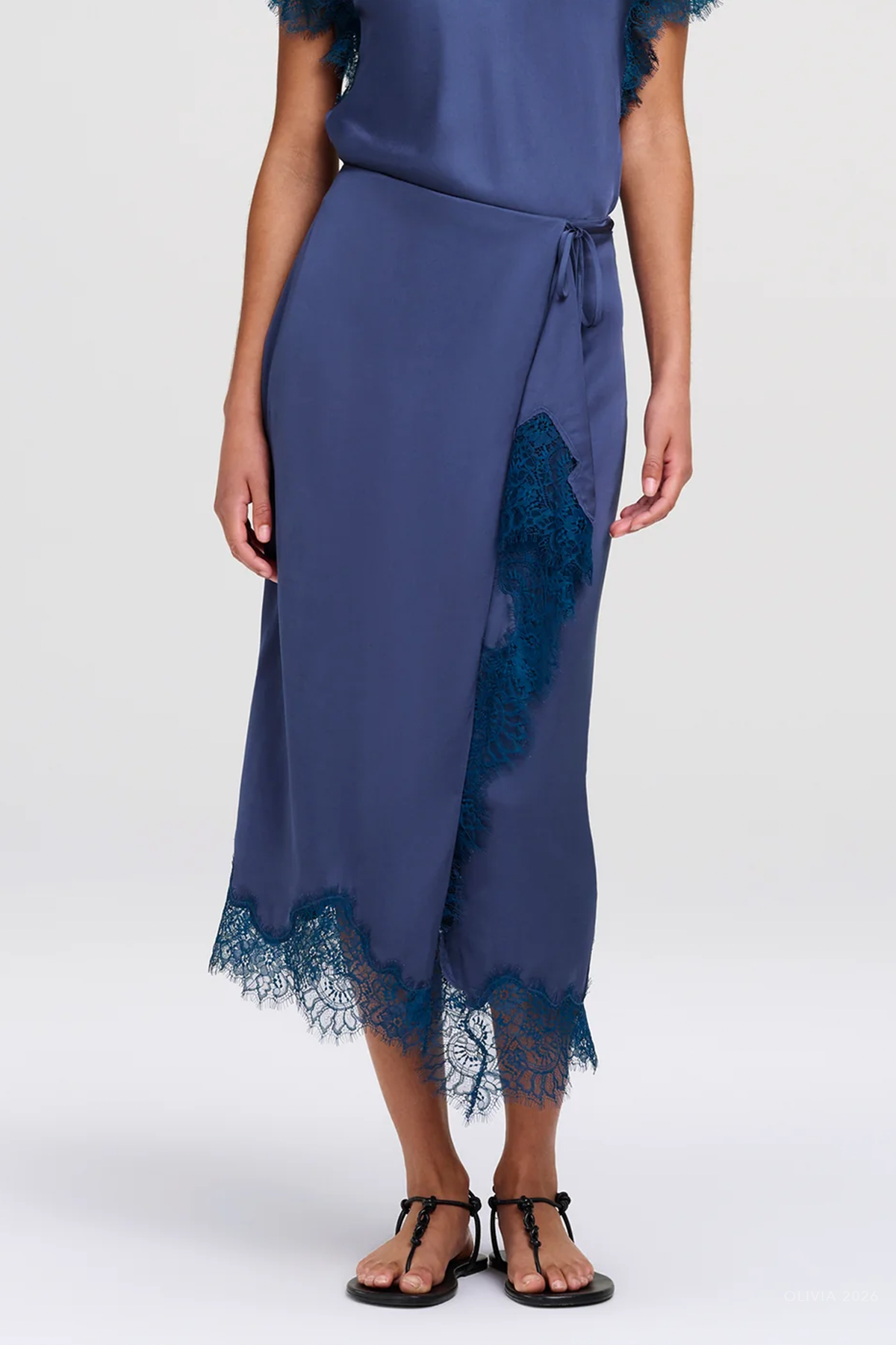 Bree Satin And Lace Midi Skirt in Ash Blue
