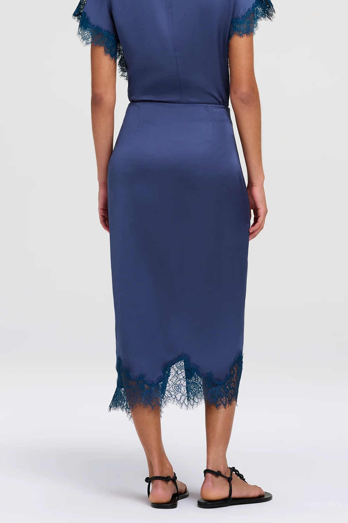Bree Satin And Lace Midi Skirt in Ash Blue