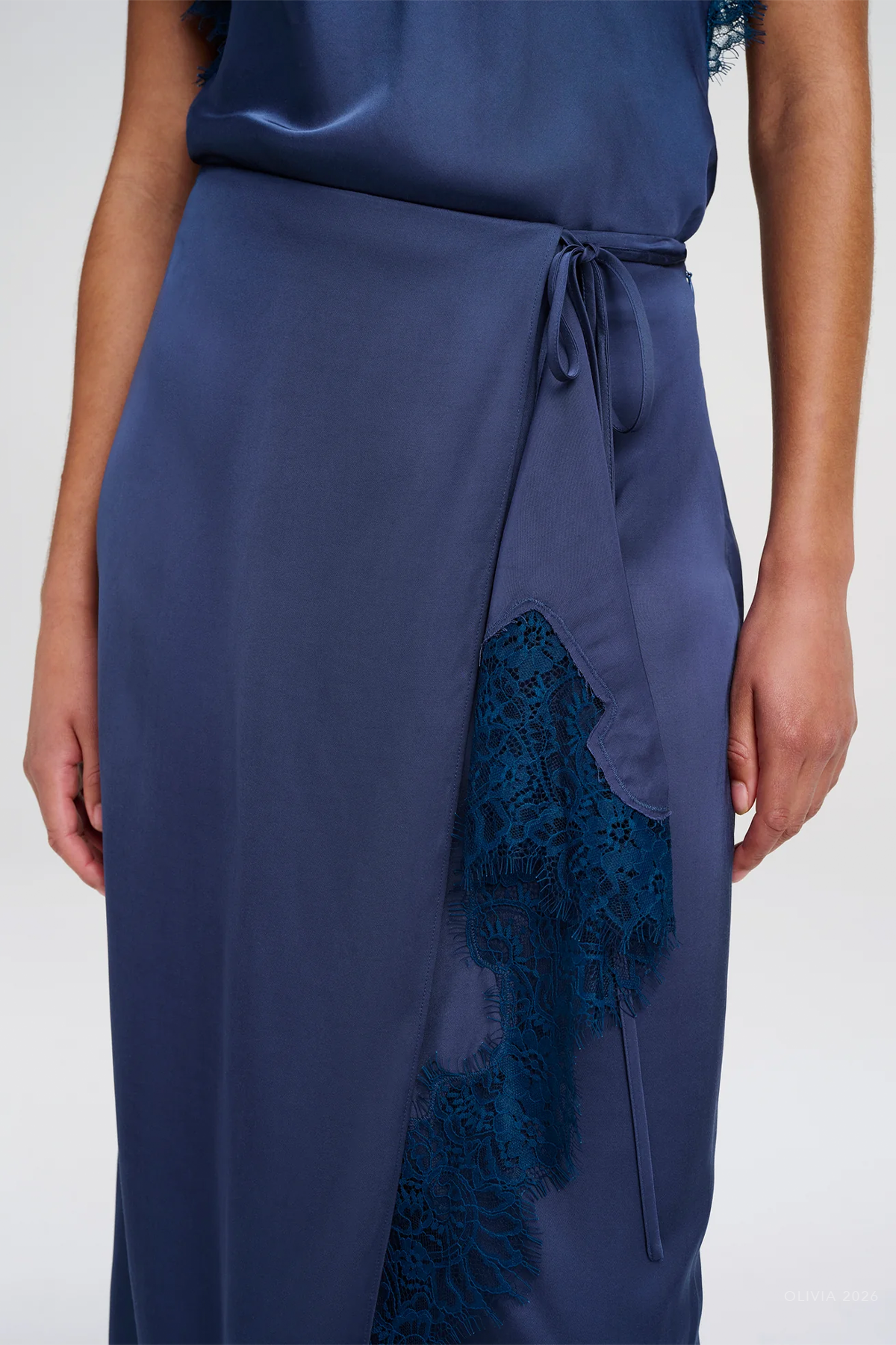 Bree Satin And Lace Midi Skirt in Ash Blue