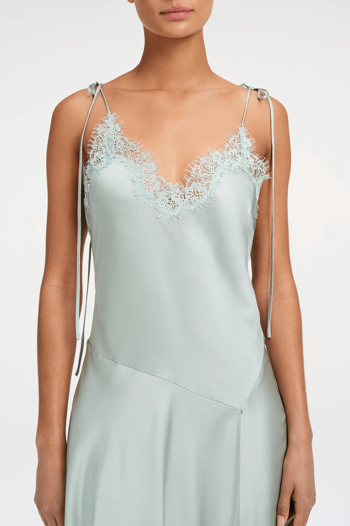 Aleena Satin and Lace Midi Dress in Pale Jade - shop-olivia.com