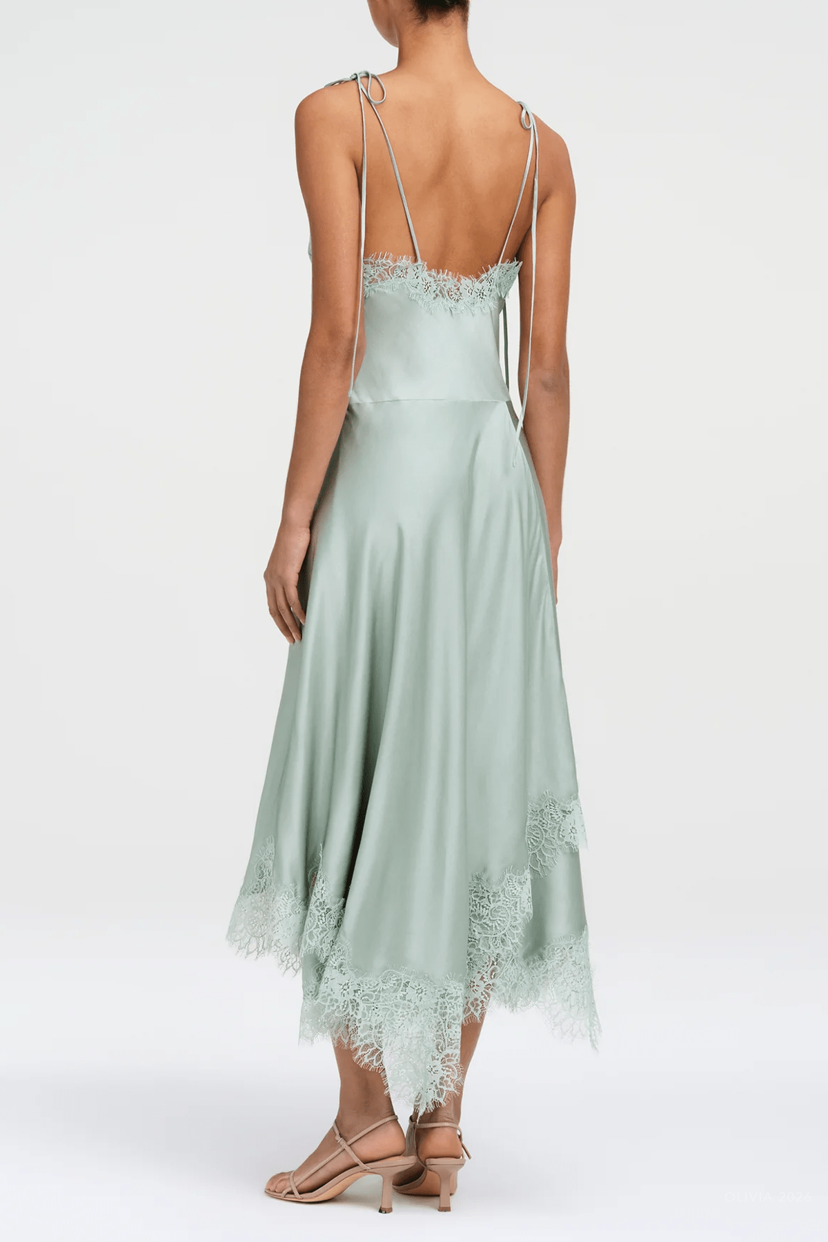 Aleena Satin and Lace Midi Dress in Pale Jade - shop-olivia.com