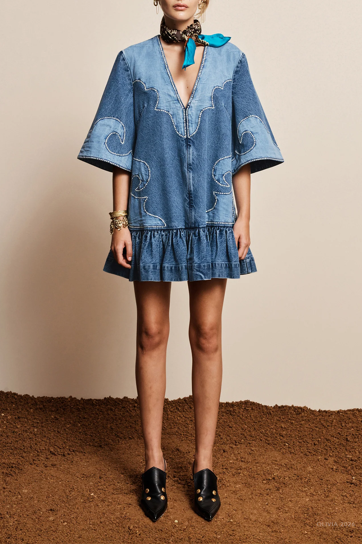 Jesse Denim Applique Mini Dress in Blue