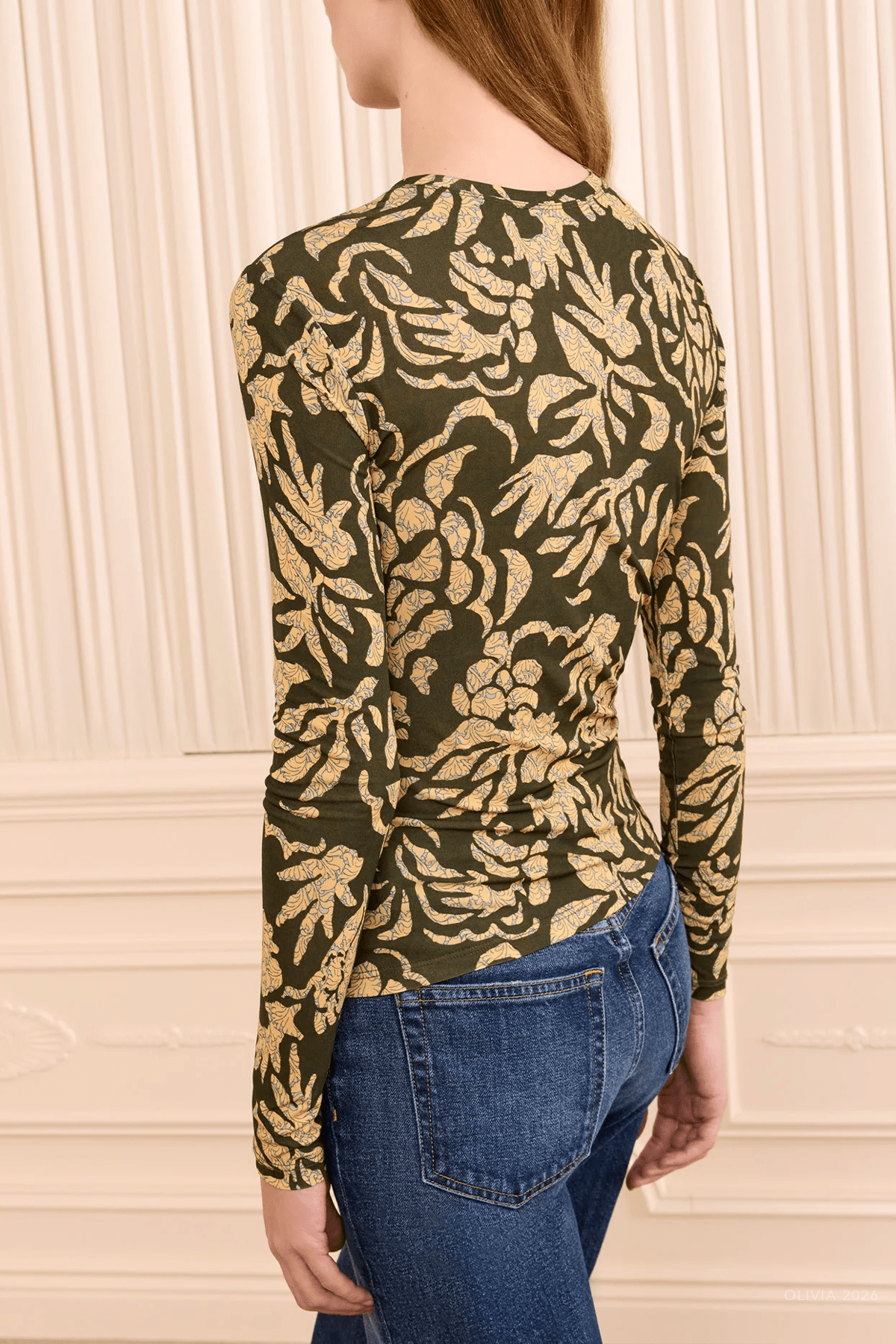 Asha Long-Sleeve Jersey Top in Khaki Floral - shop-olivia.com