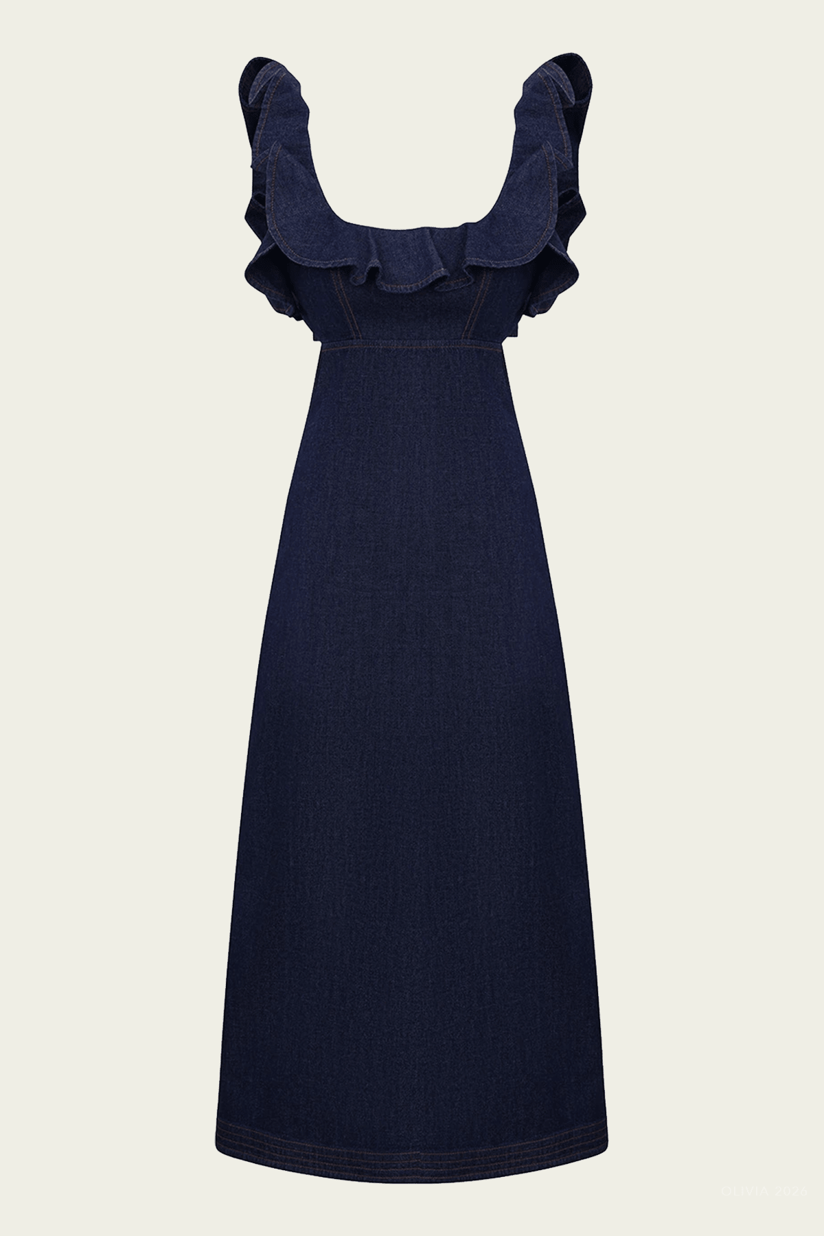Aster Denim Frill Midi Dress in Ink - shop - olivia.com