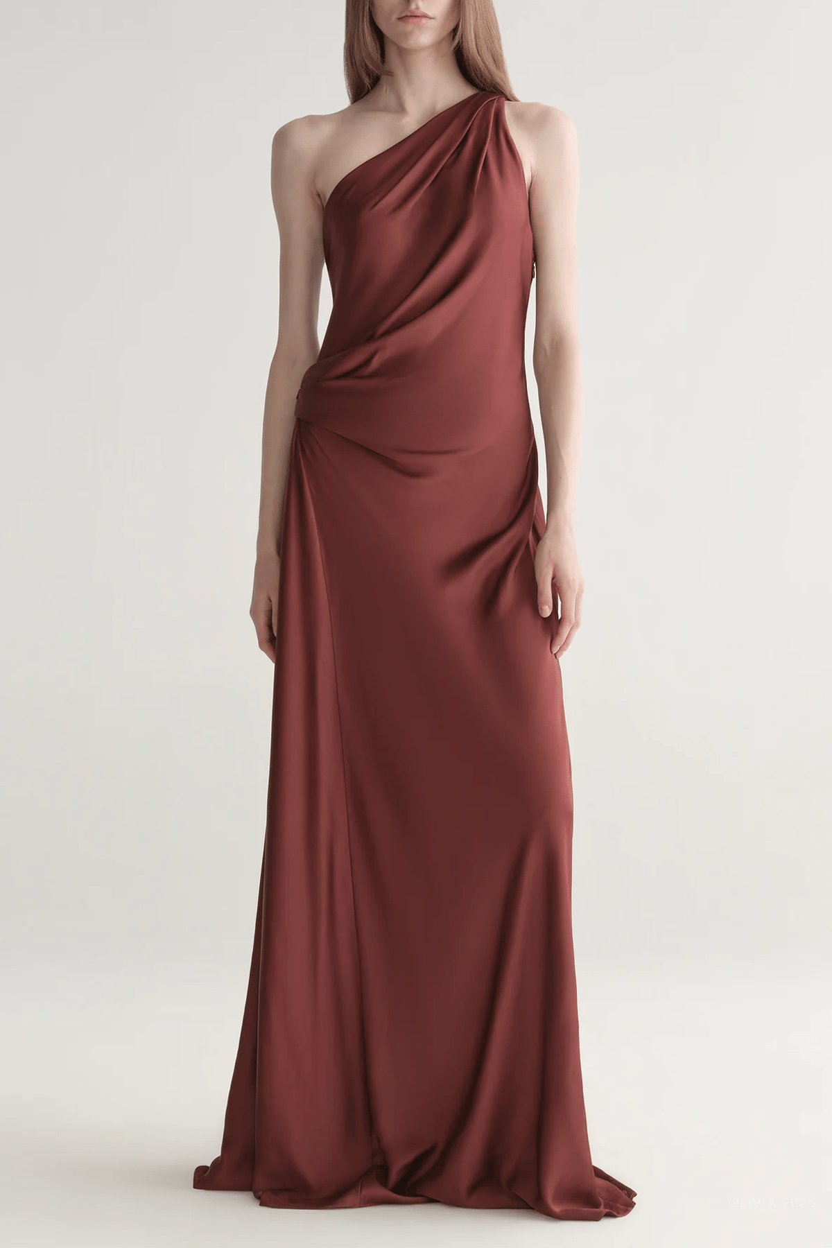 Aster Satin One Shoulder Gown in Black Cherry - shop - olivia.com