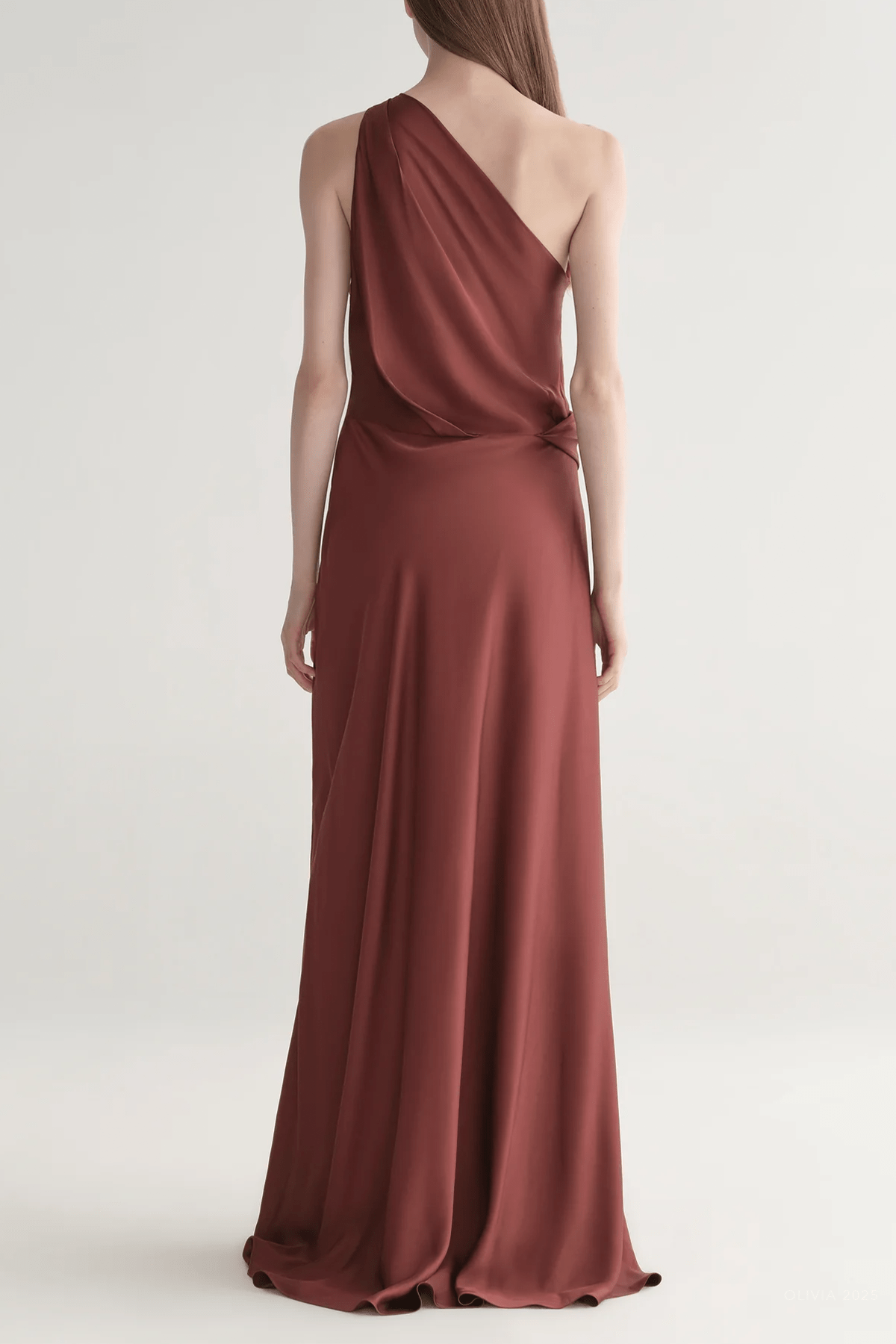 Aster Satin One Shoulder Gown in Black Cherry - shop - olivia.com