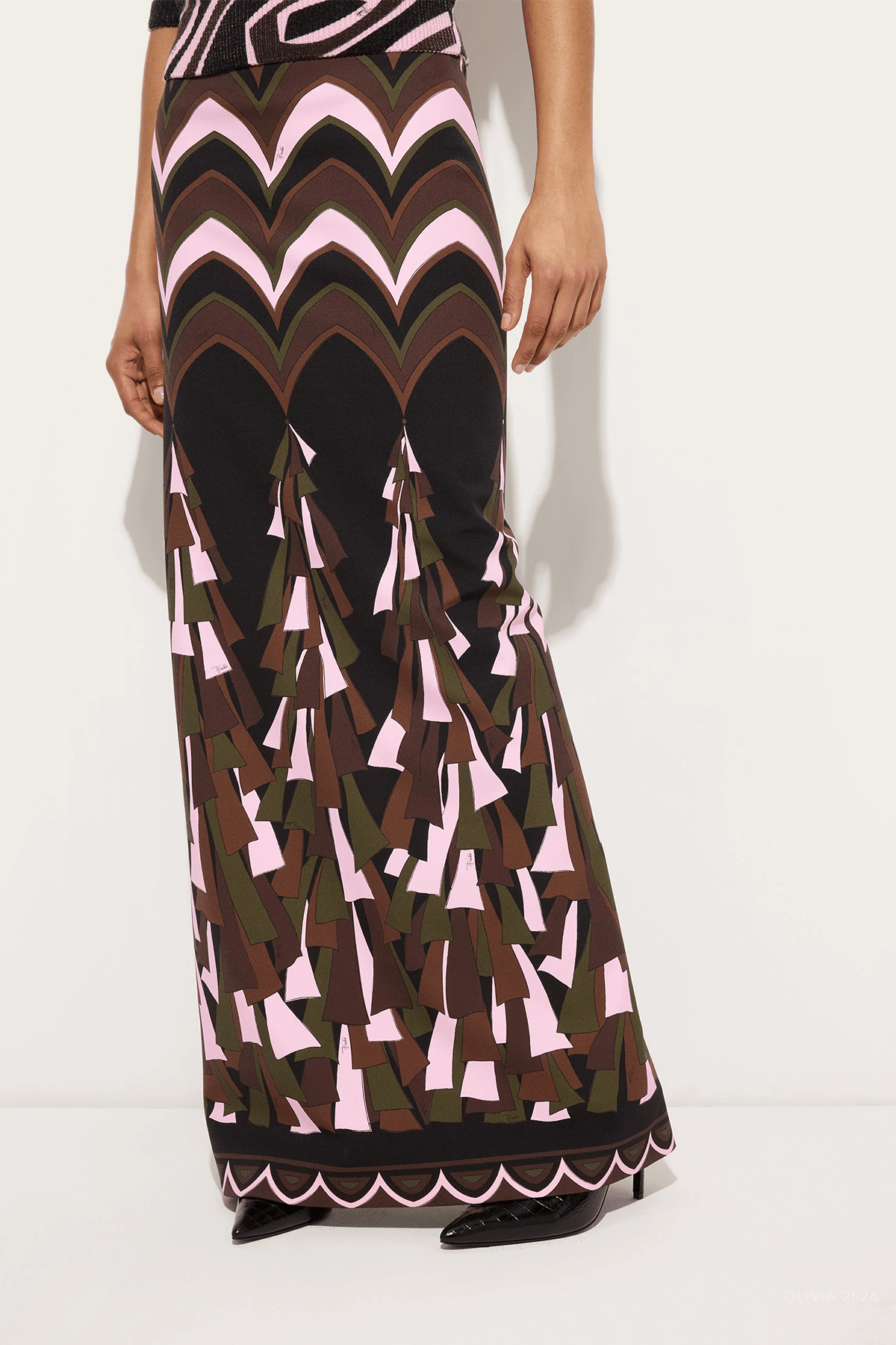 Baiadera-Print Tecno Couture Skirt in Khaki Pink - shop-olivia.com