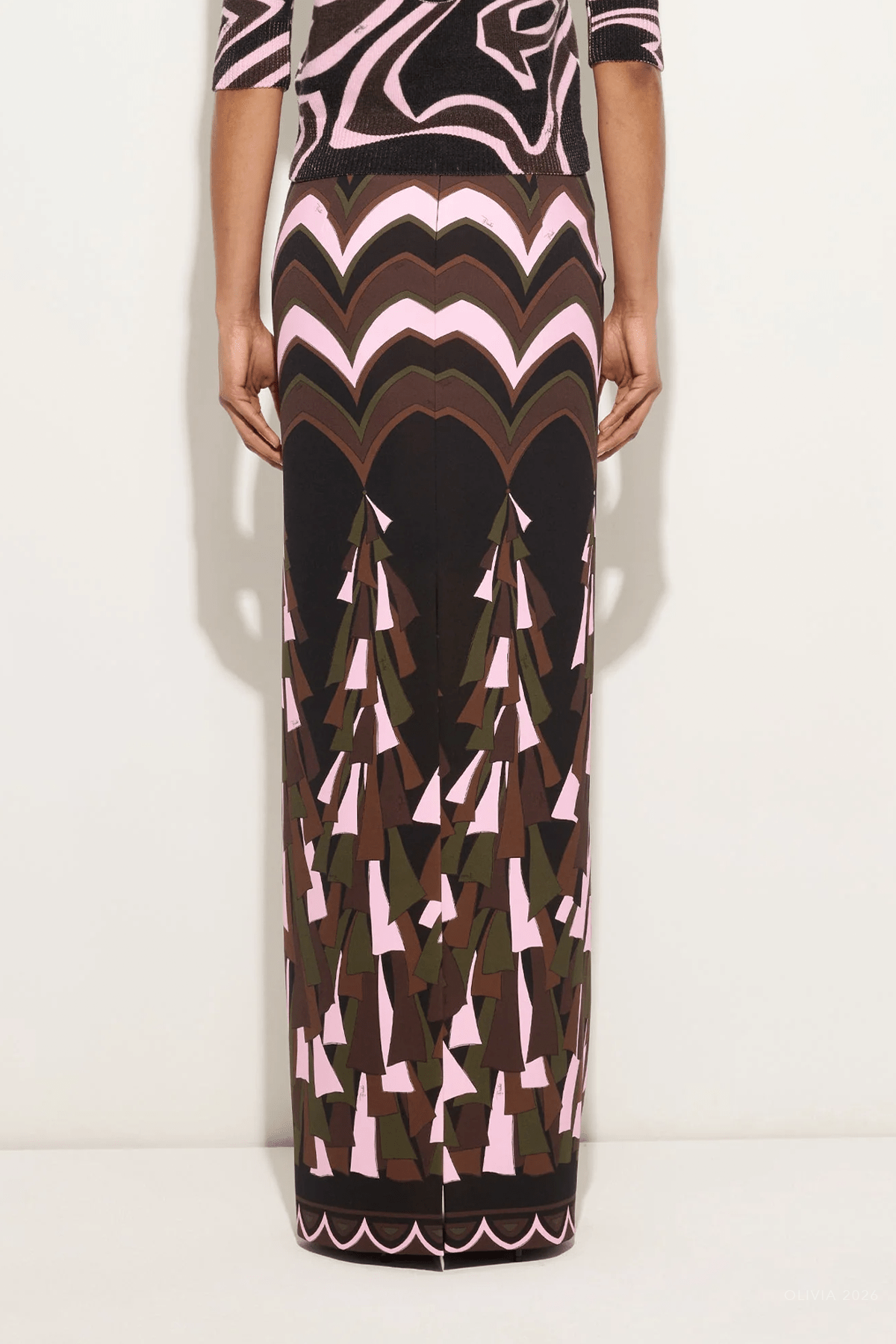 Baiadera-Print Tecno Couture Skirt in Khaki Pink - shop-olivia.com