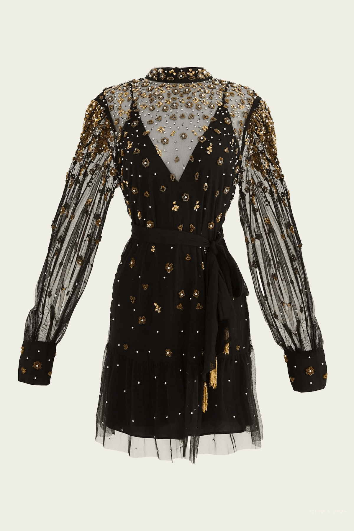 sachin and babi light blue dress Black Embroidered Tulle Belted Long Sleeve Mini Dress