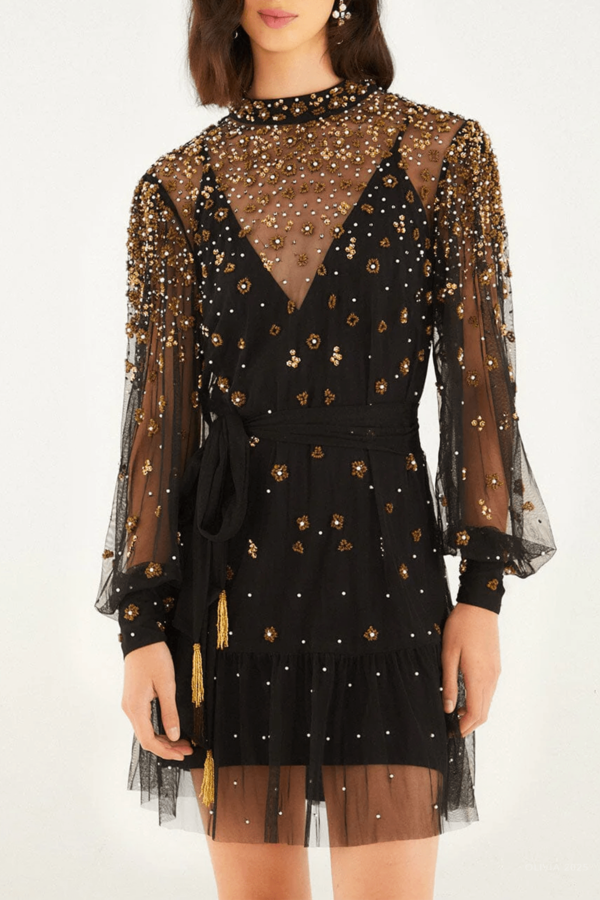 Black Embroidered Tulle Belted Long Sleeve Mini Dress - shop - olivia.com