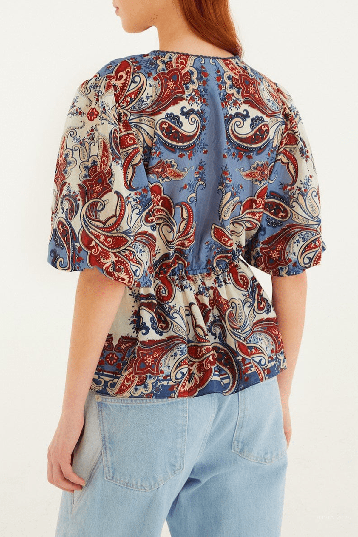 Blue Paisley Scarf Short Sleeve Blouse - shop - olivia.com