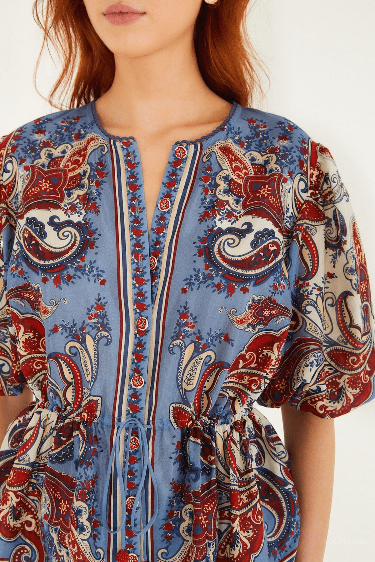 Blue Paisley Scarf Short Sleeve Blouse - shop - olivia.com