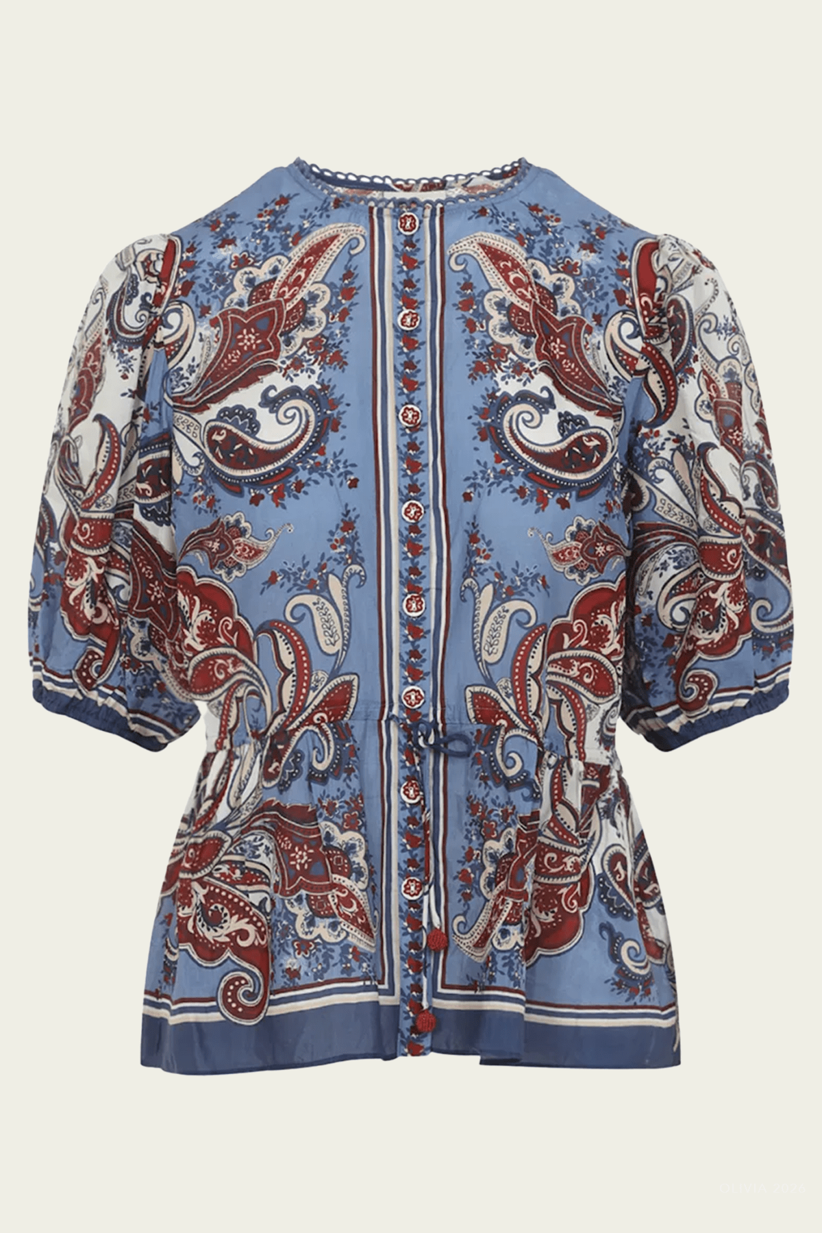 Blue Paisley Scarf Short Sleeve Blouse - shop - olivia.com