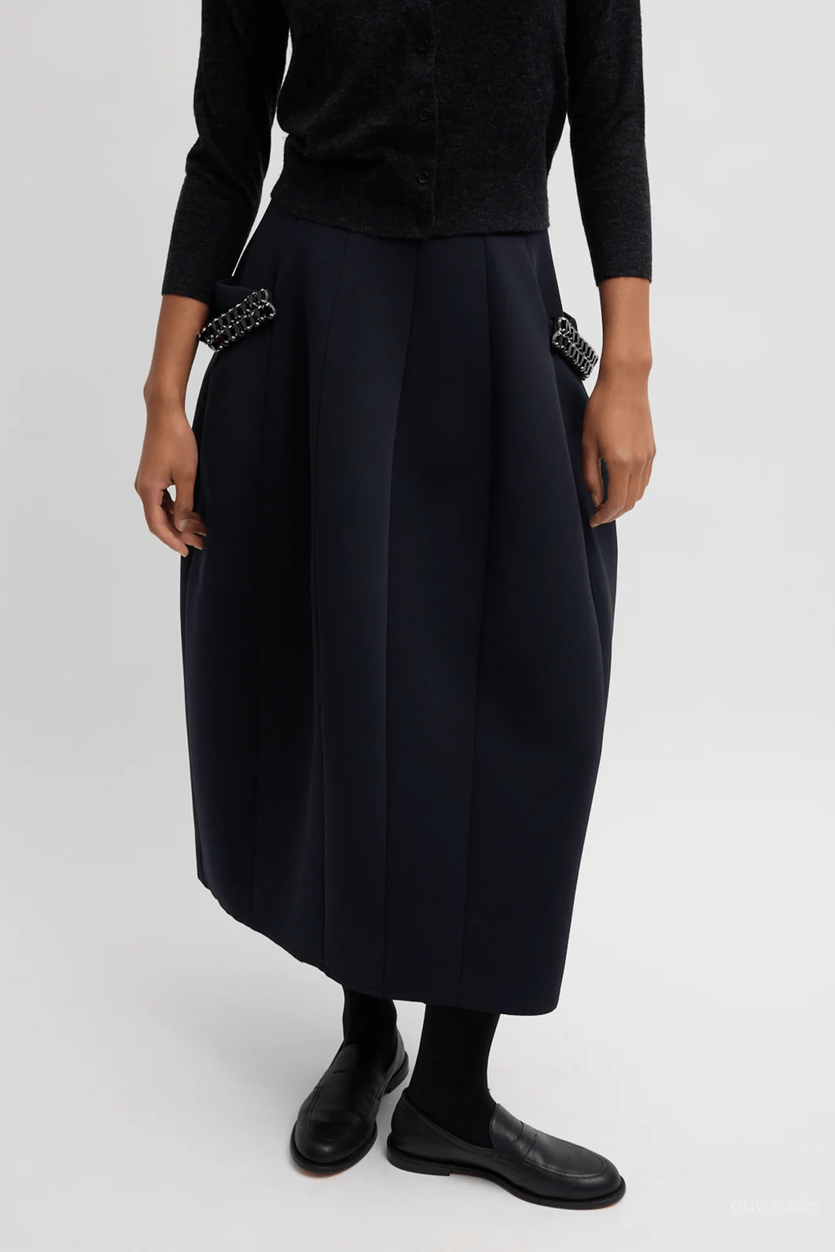 Bonded Twill Sculpted Skirt With Removable Beading in Navy - shop - olivia.com