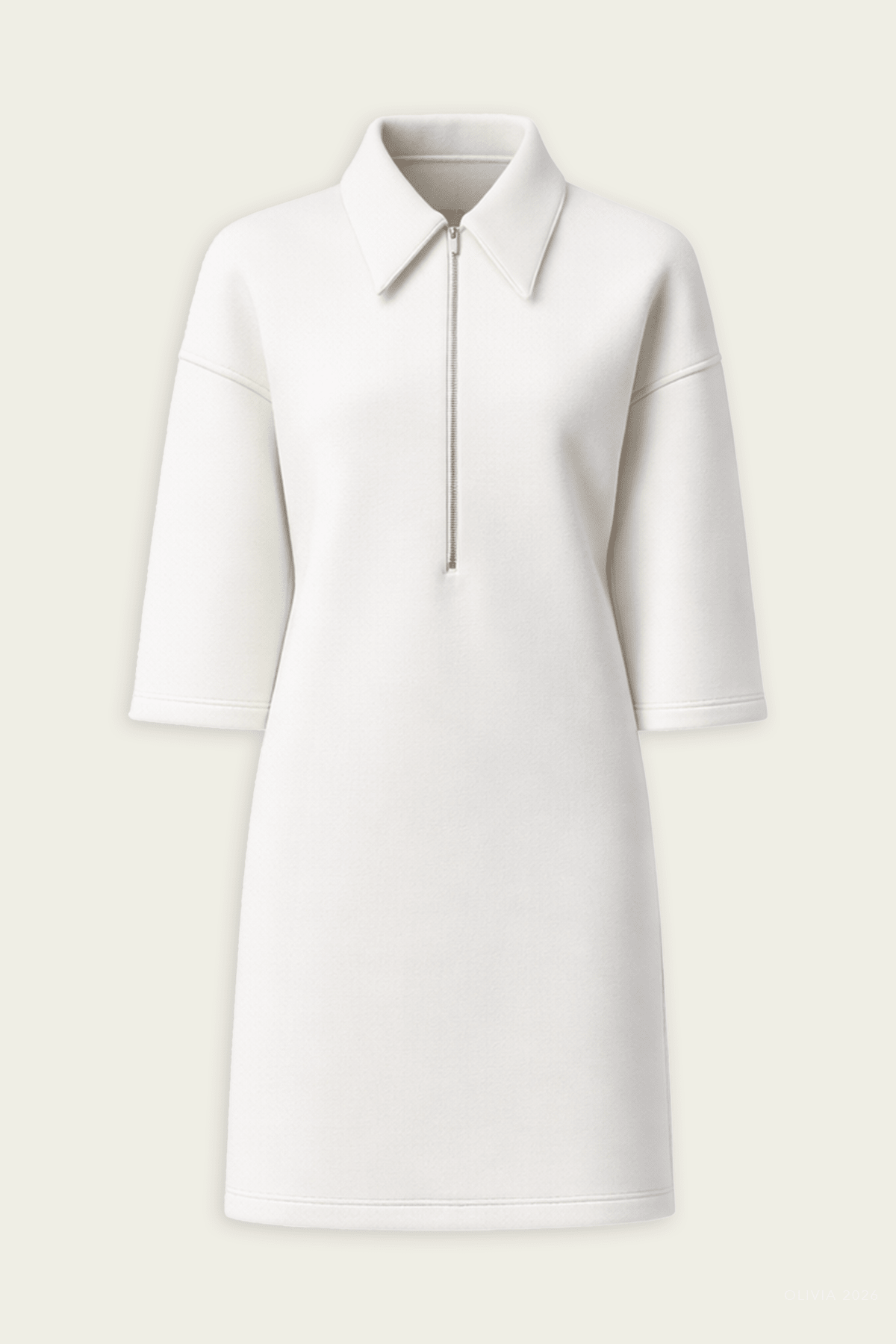 Bonded Viscose Zip Front Short Sleeve Slim Tunic in Ivory