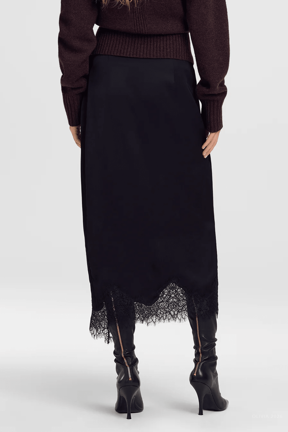 Bree Satin and Lace Midi Skirt in Black Black - shop-olivia.com