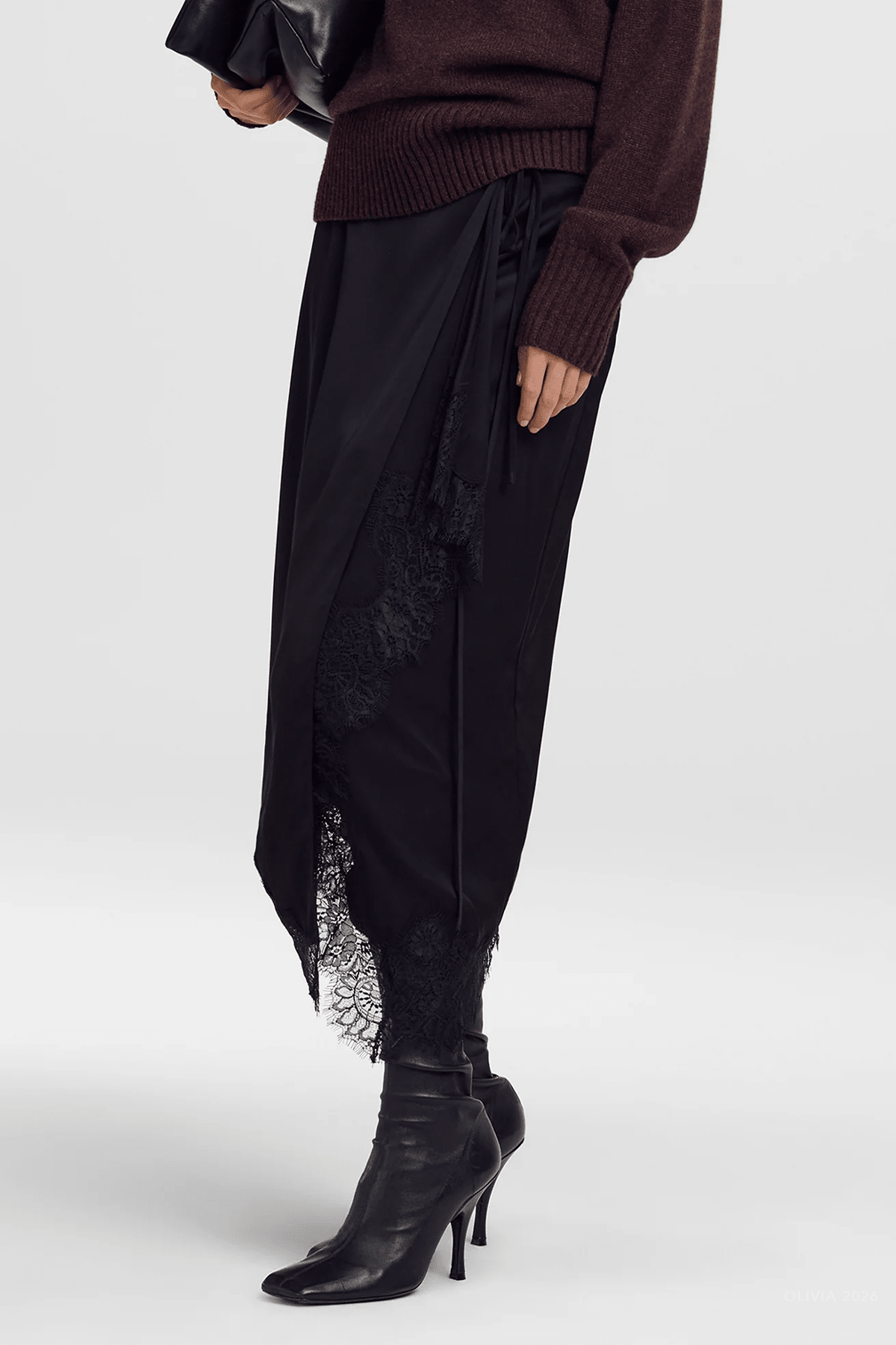 Bree Satin and Lace Midi Skirt in Black Black - shop-olivia.com