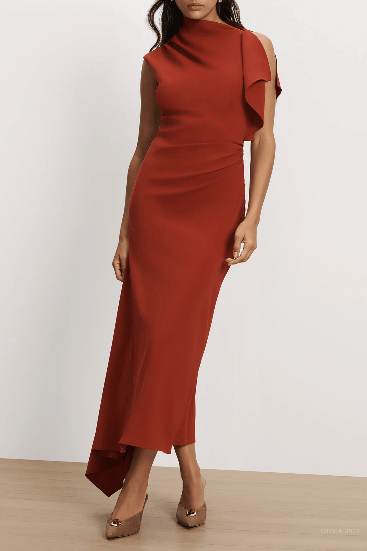 Brett Asymmetric Midi Dress in Cardinal Red - shop-olivia.com