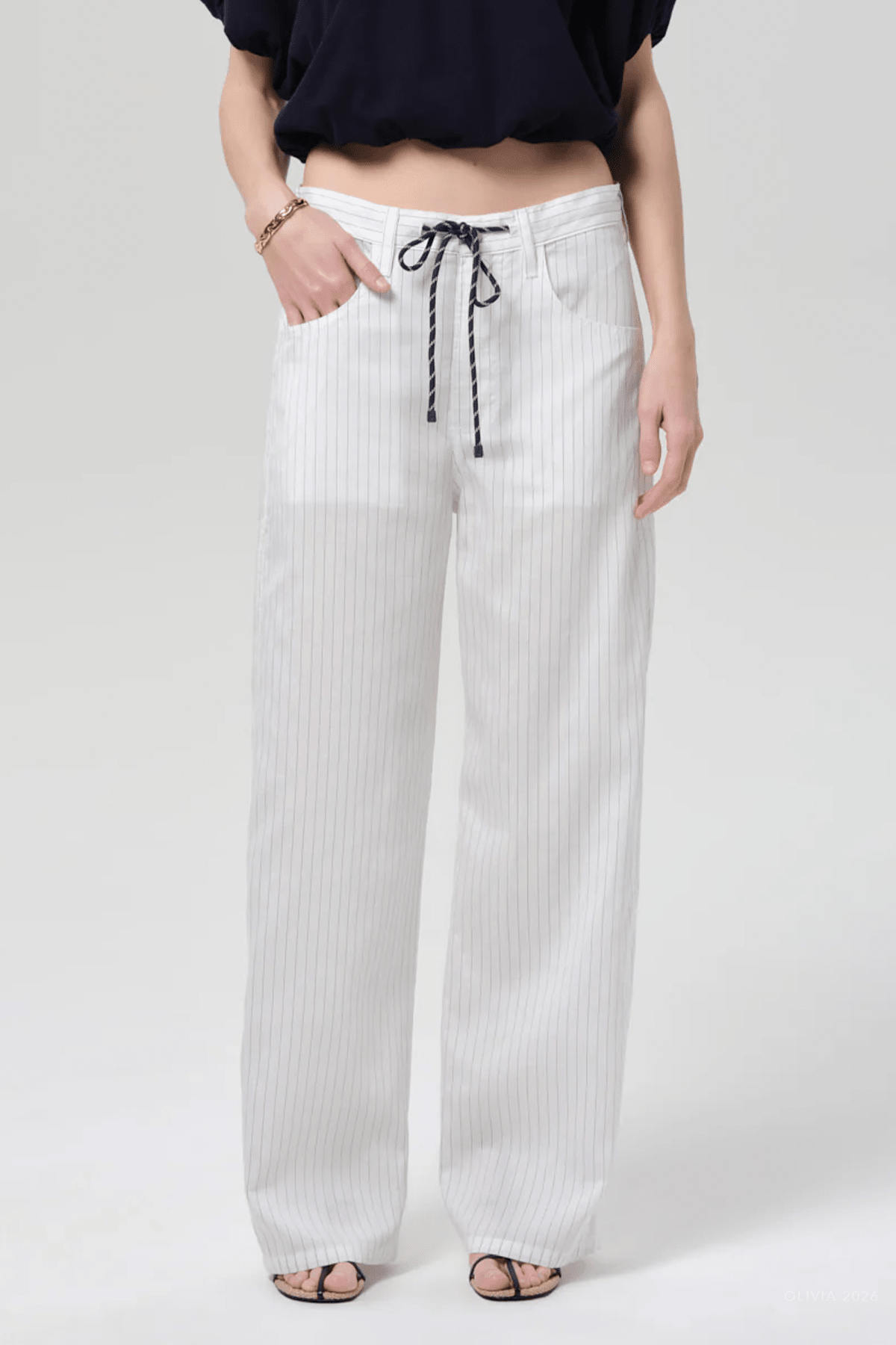 Brynn Drawstring Trouser in Black Pinstripe - shop-olivia.com