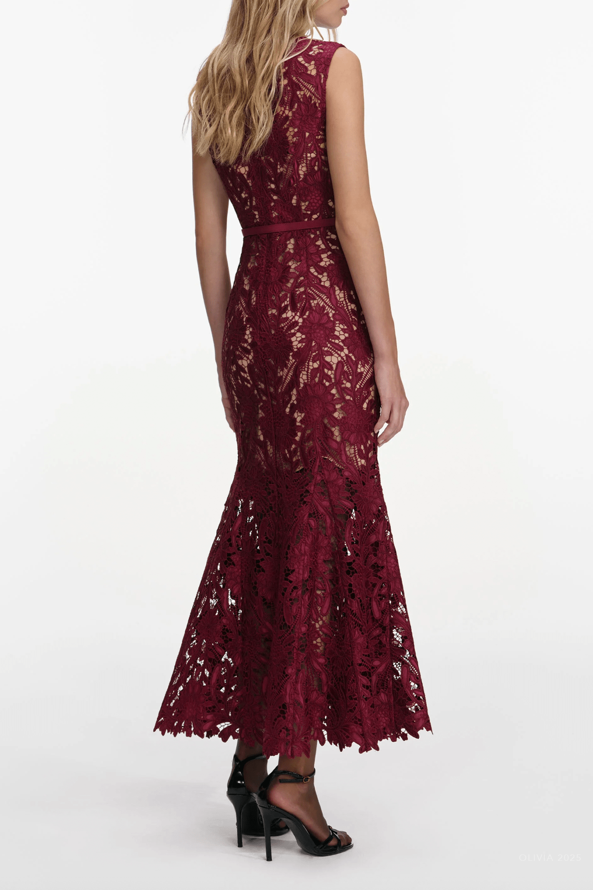 Burgundy Guipure Lace Midi Dress - shop - olivia.com