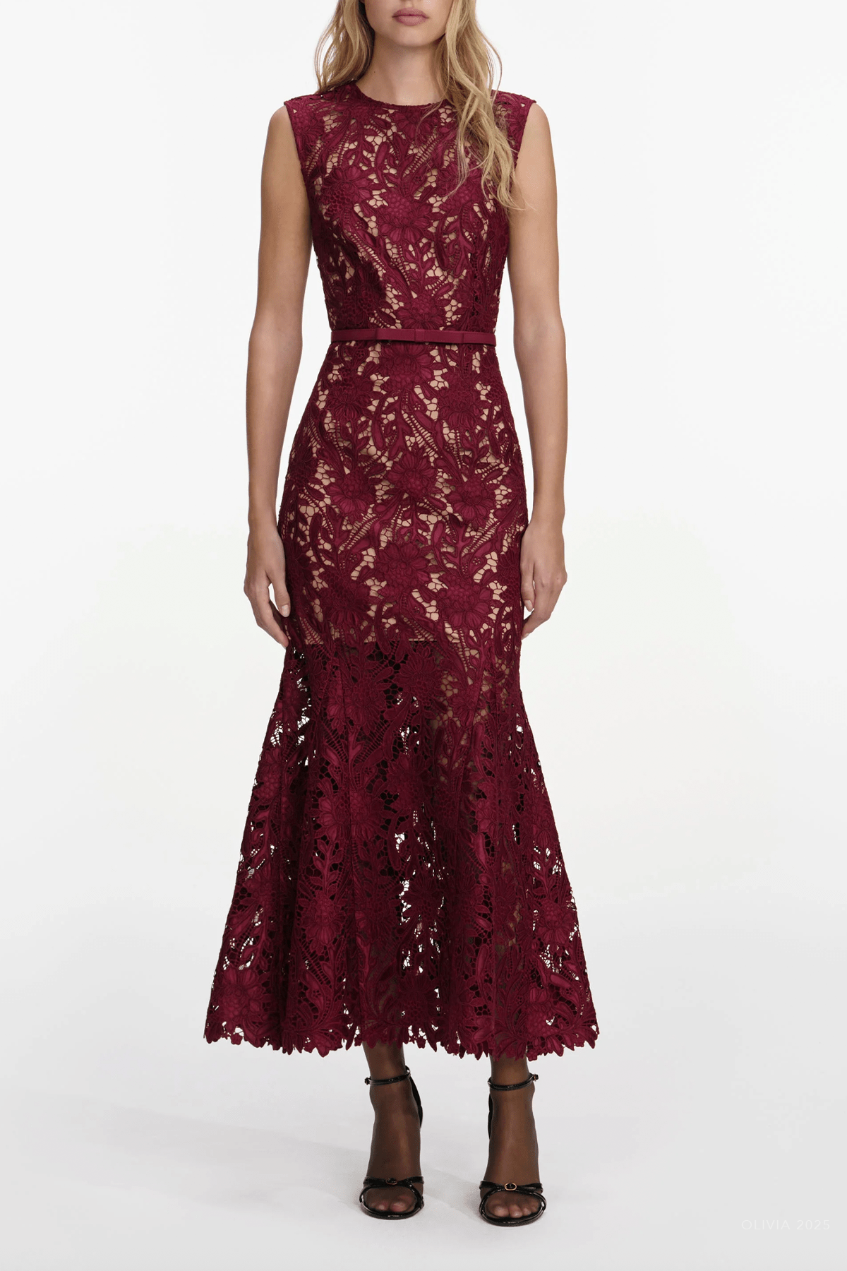 Burgundy Guipure Lace Midi Dress - shop - olivia.com