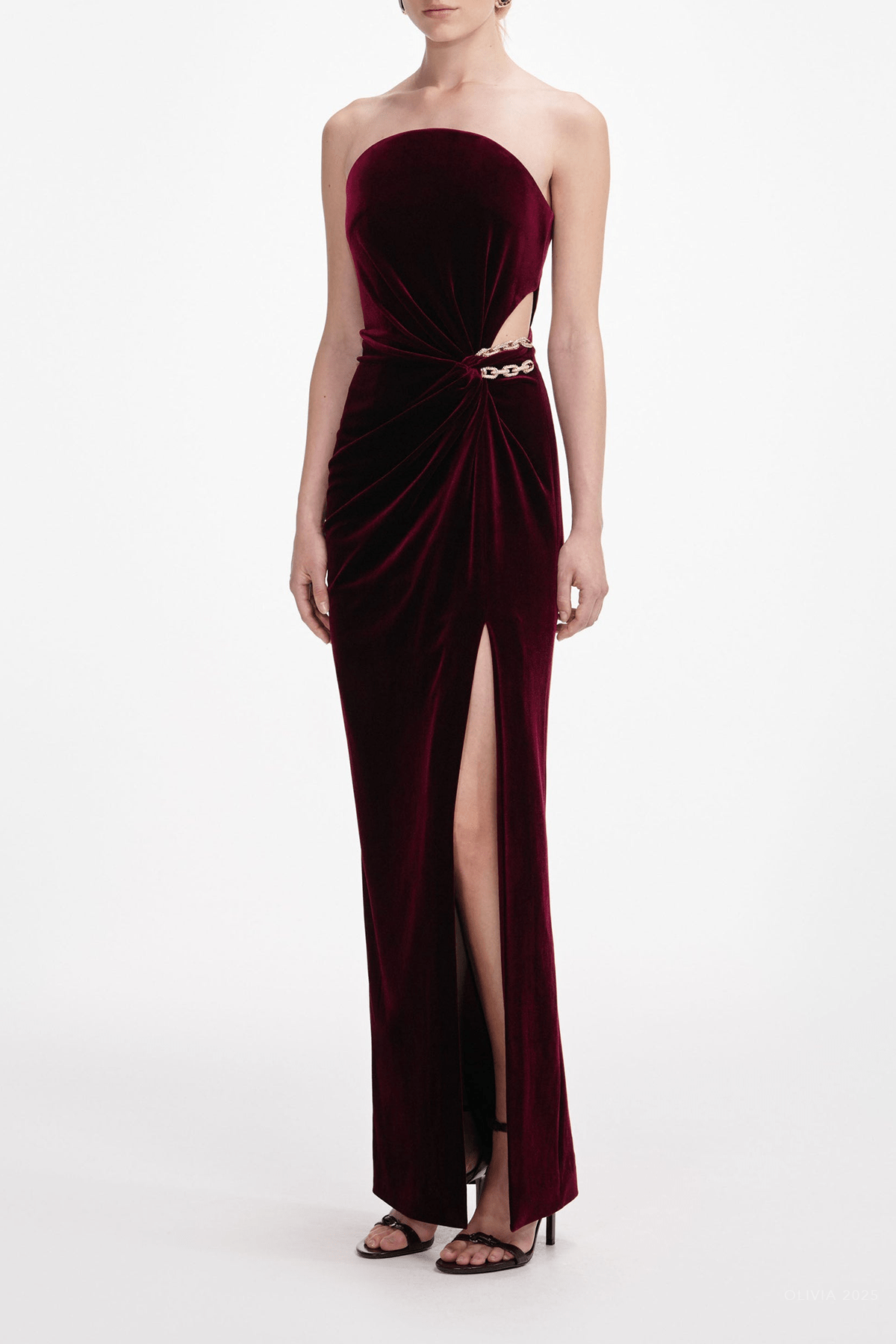 Burgundy Velvet Bandeau Maxi Dress - shop - olivia.com