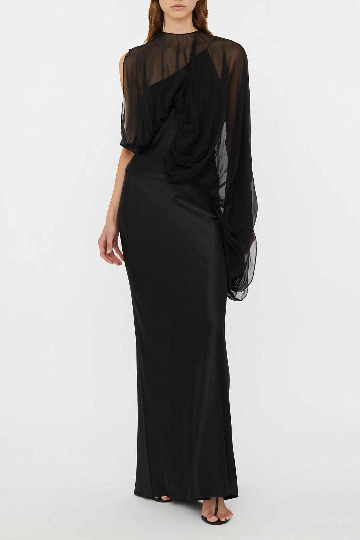 Swirl Silk Draped Sleeve Dress in Black