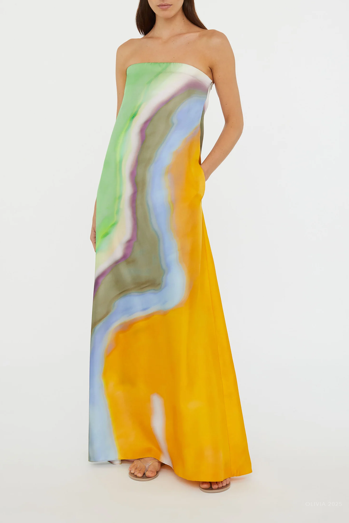 Aura Silk Strapless Dress in Tangelo Aura Print