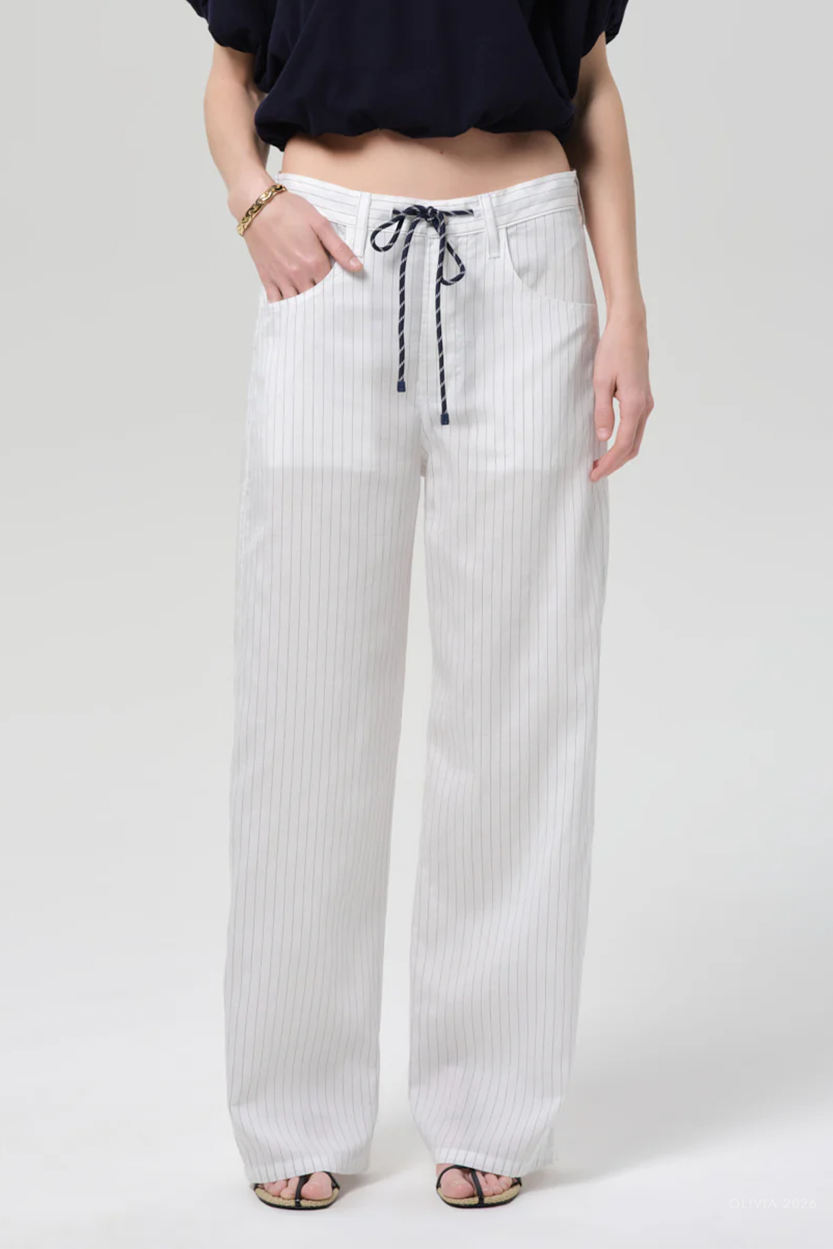 Brynn Drawstring Trouser in Black Pinstripe