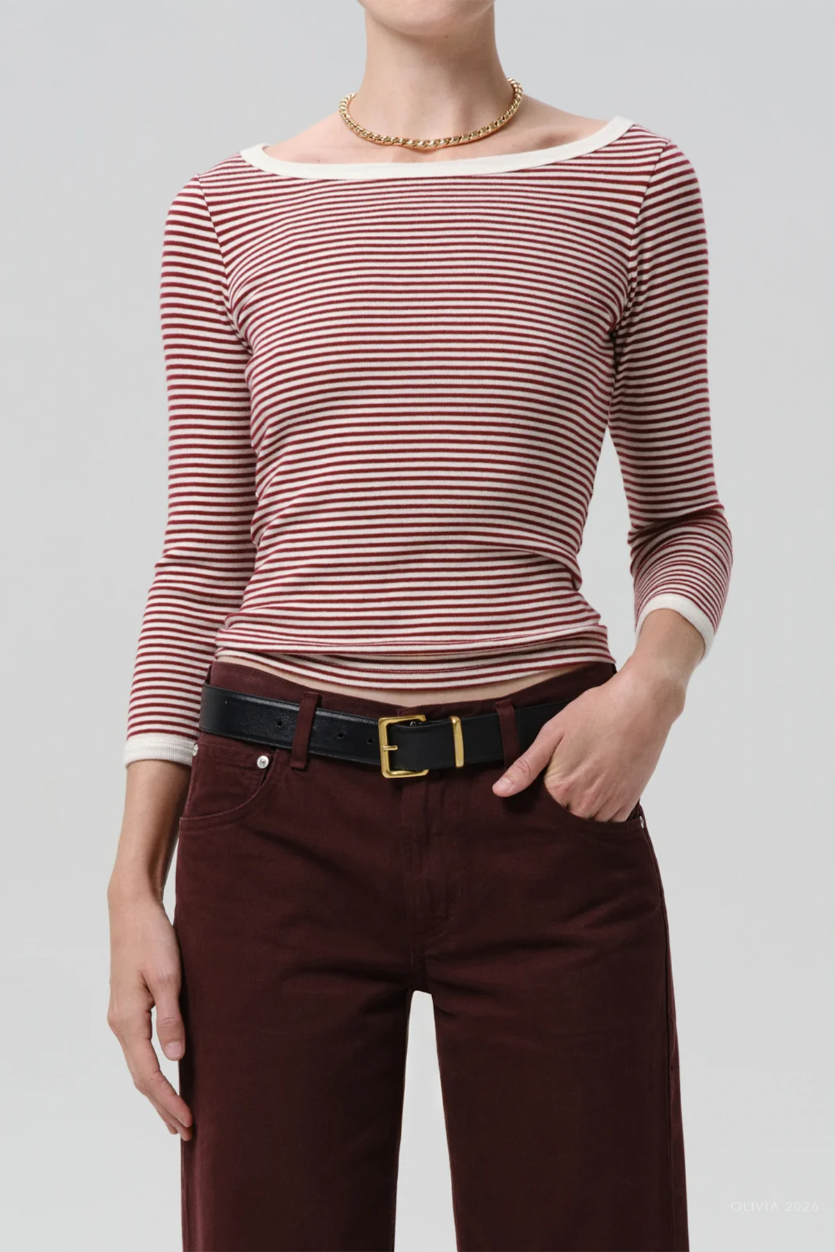 Boat Neck Slim Tee in Burgundy Cream Stripe