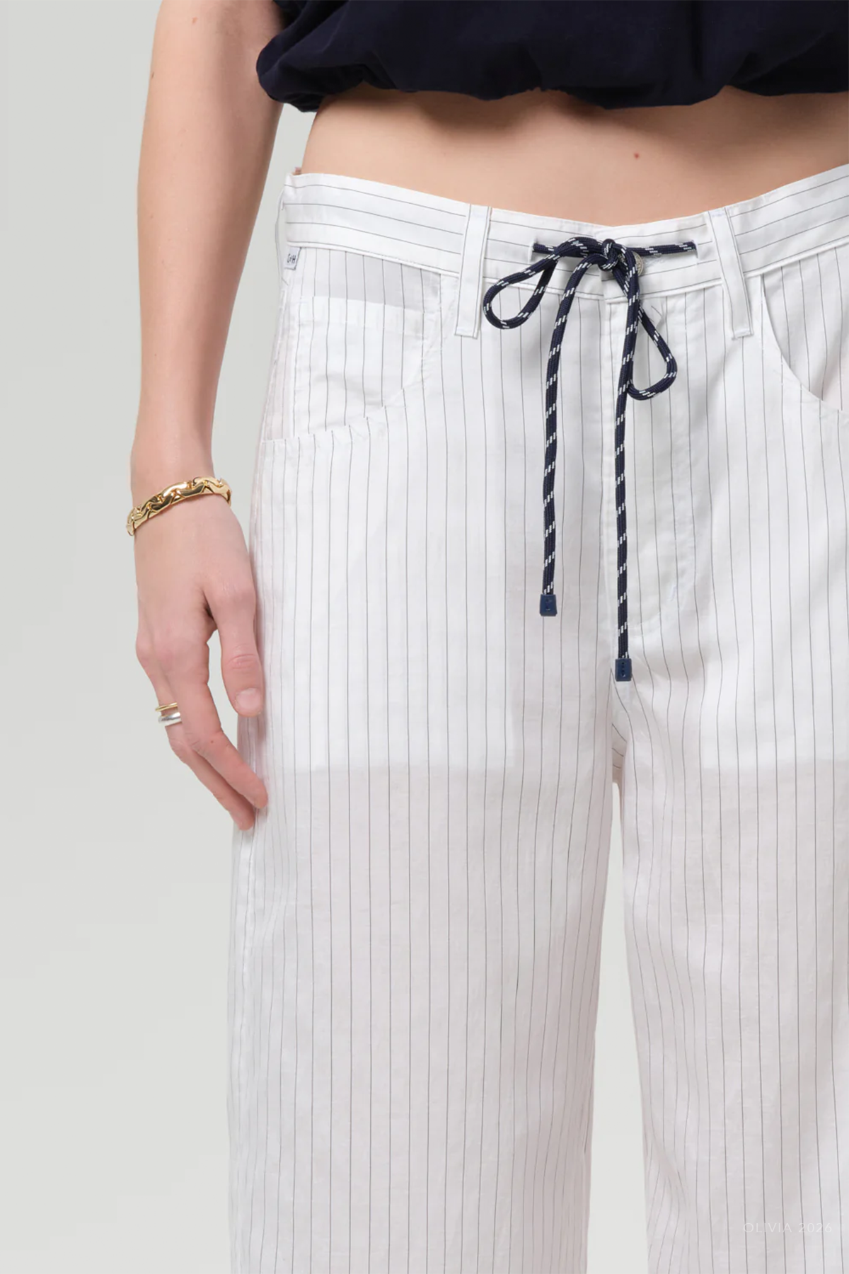 Brynn Drawstring Trouser in Black Pinstripe
