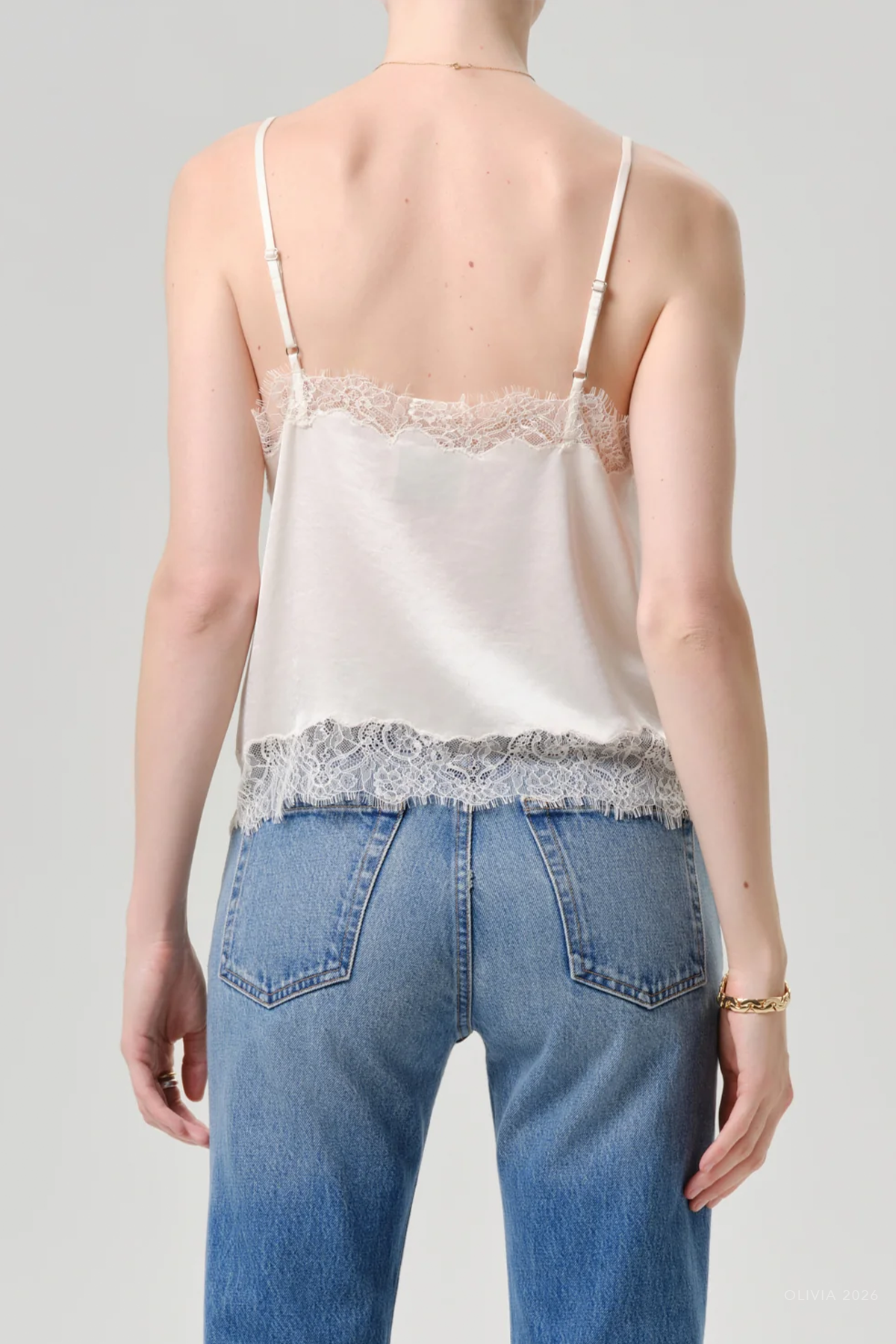 Lace Trimmed Japanese Hammered Satin Cami in Cream