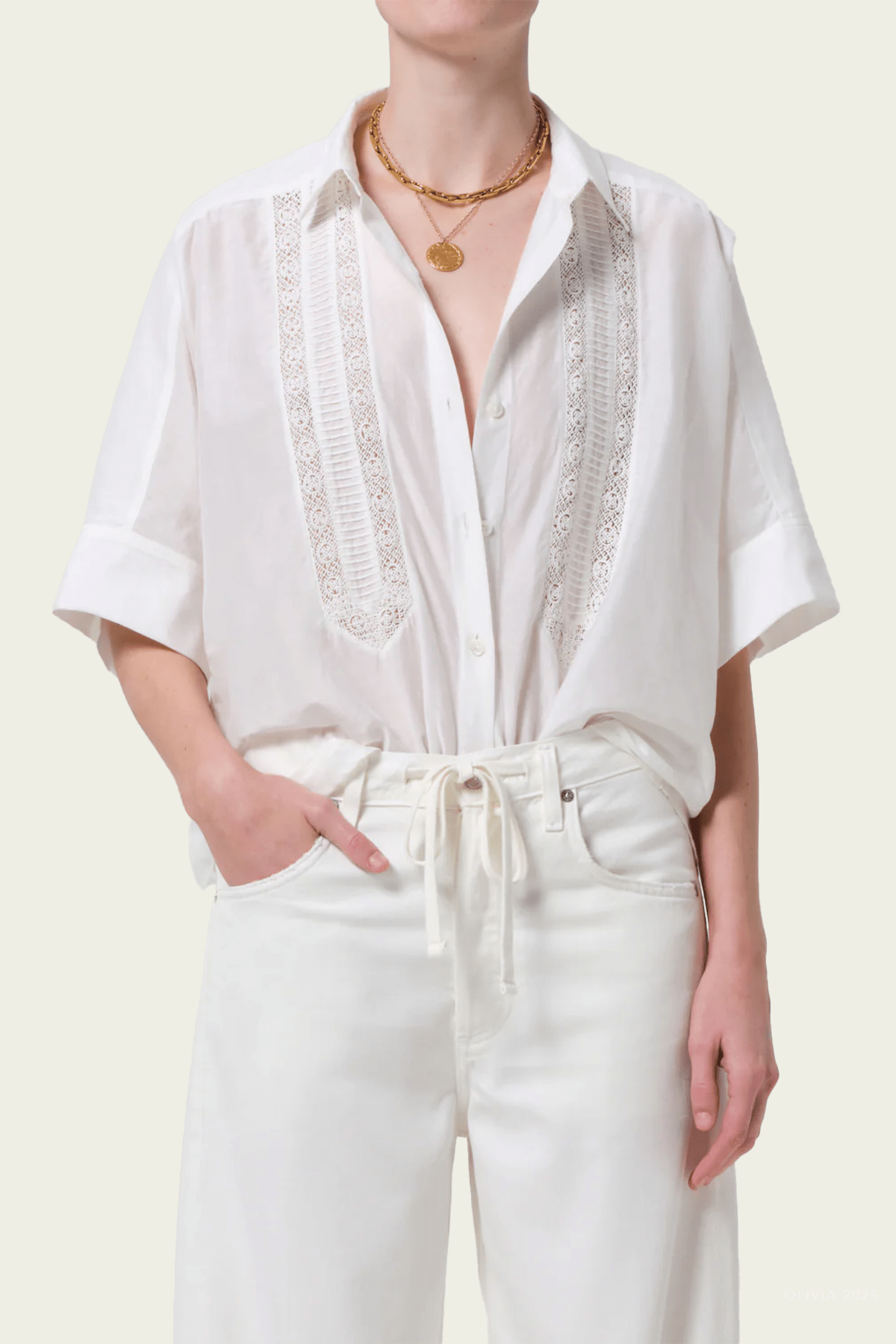 Claire Shirt with Lace Inset in White - shop - olivia.com