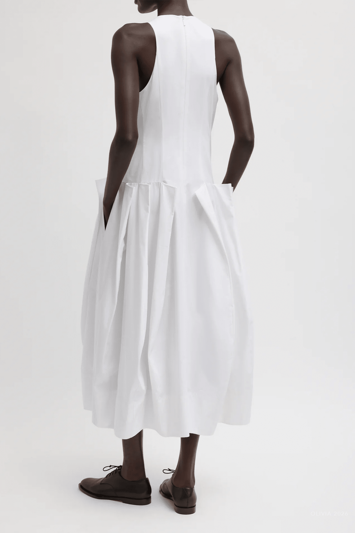 Compact Eco Poplin Pinched Pleat Dress in White - shop - olivia.com