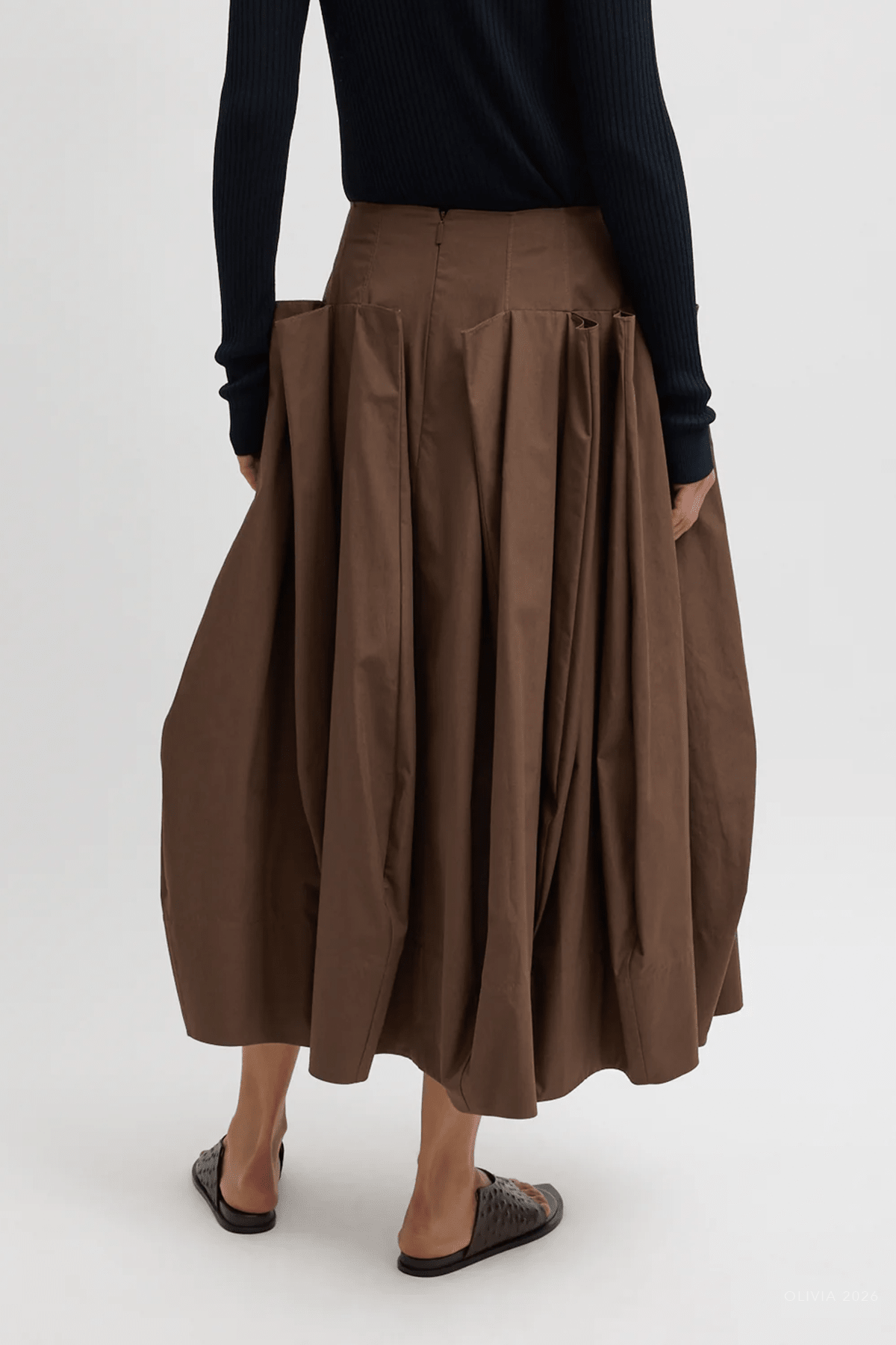 Compact Eco Poplin Pinched Pleat Full Skirt in Sepia Brown - shop - olivia.com