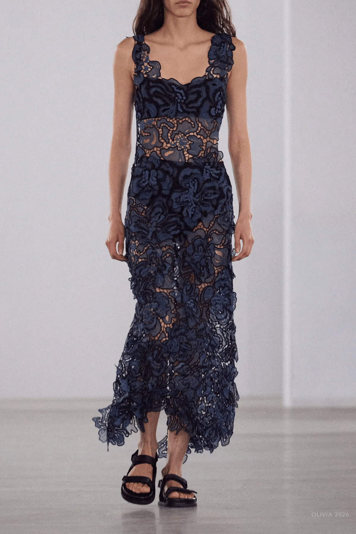 Corinna Lace Midi Dress in Dark Indigo Multi - shop - olivia.com