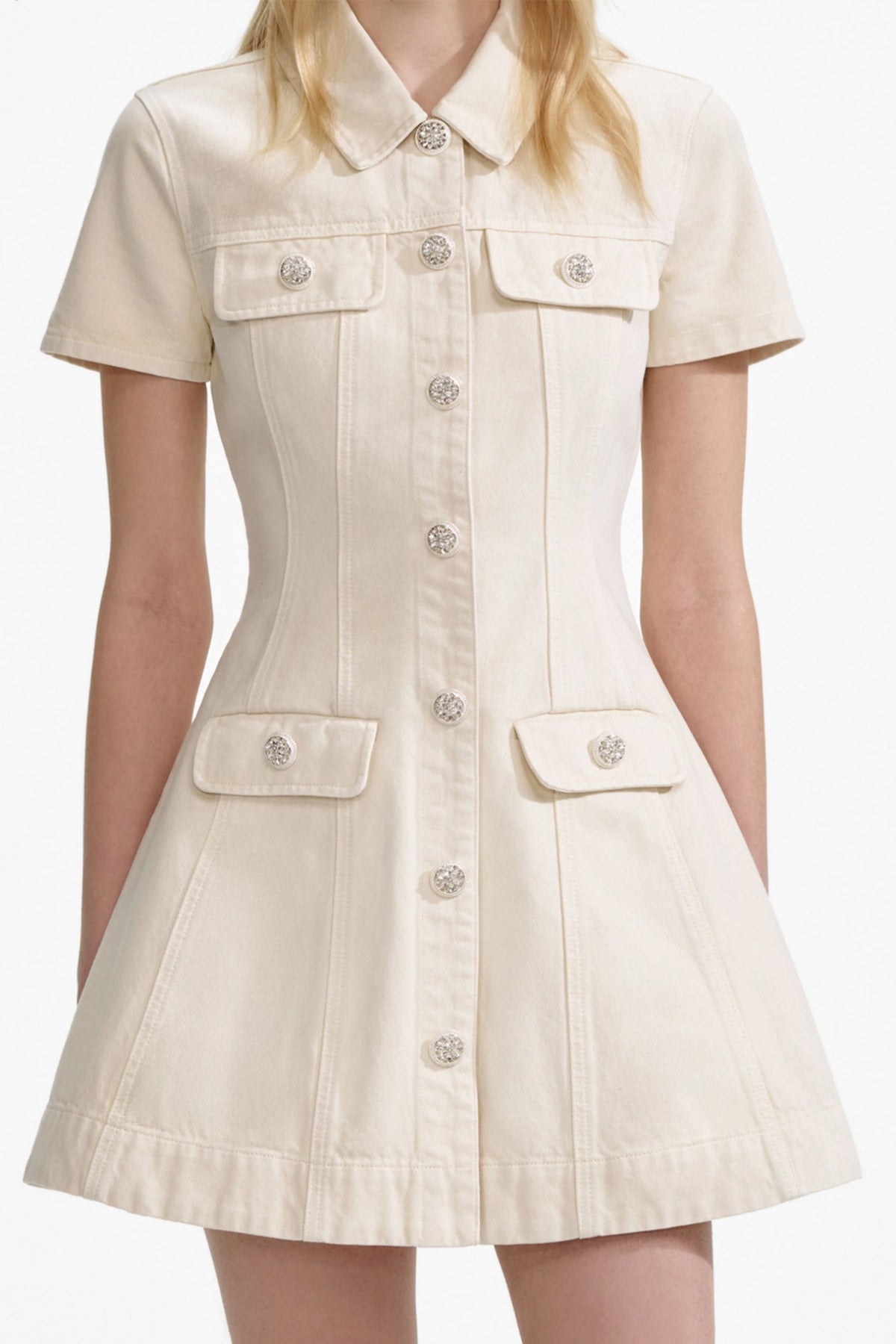 Cream Collared Denim Mini Dress - shop - olivia.com
