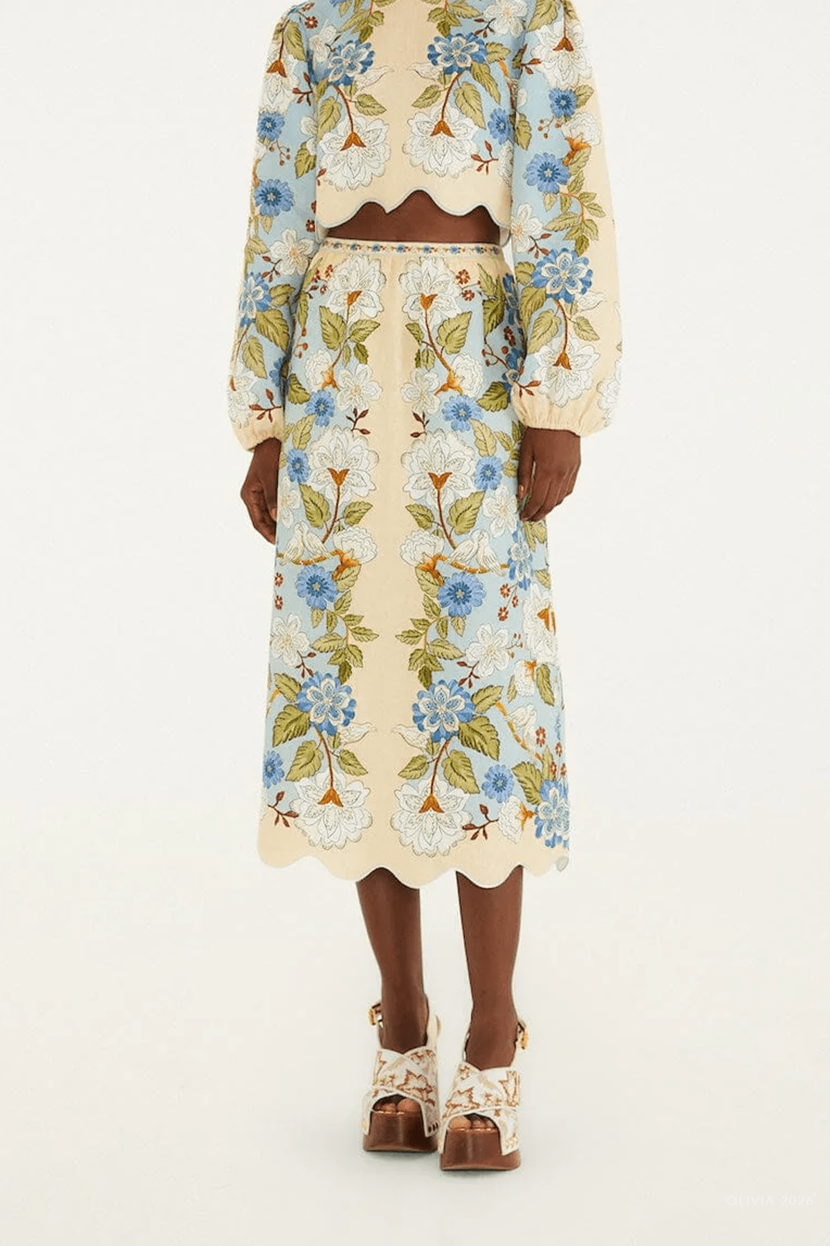 Cream Garden Scarf Linen Midi Skirt - shop - olivia.com
