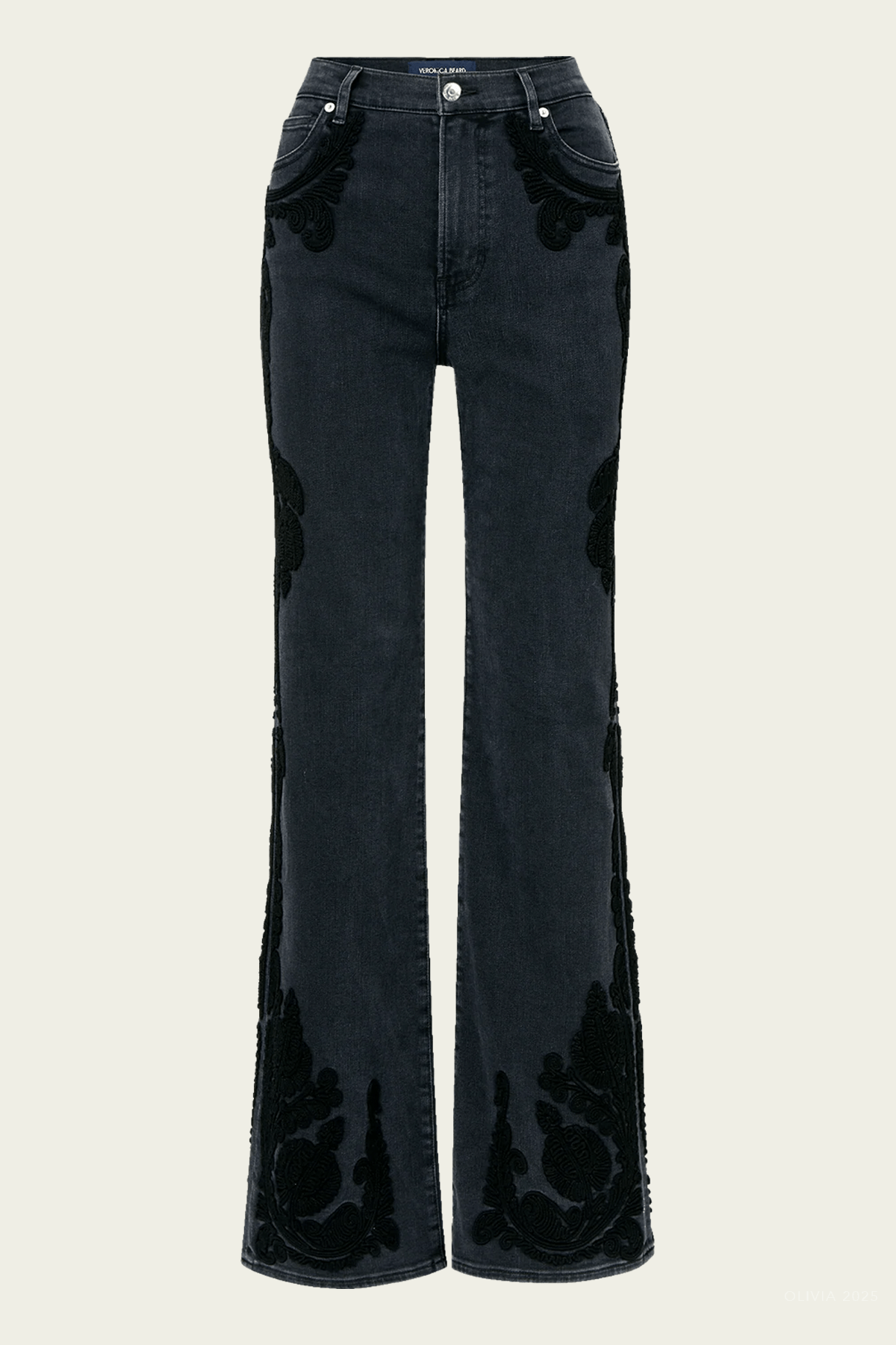 Crosbie Embroidered Slim Wide - Leg Jean in Washed Onyx - shop - olivia.com