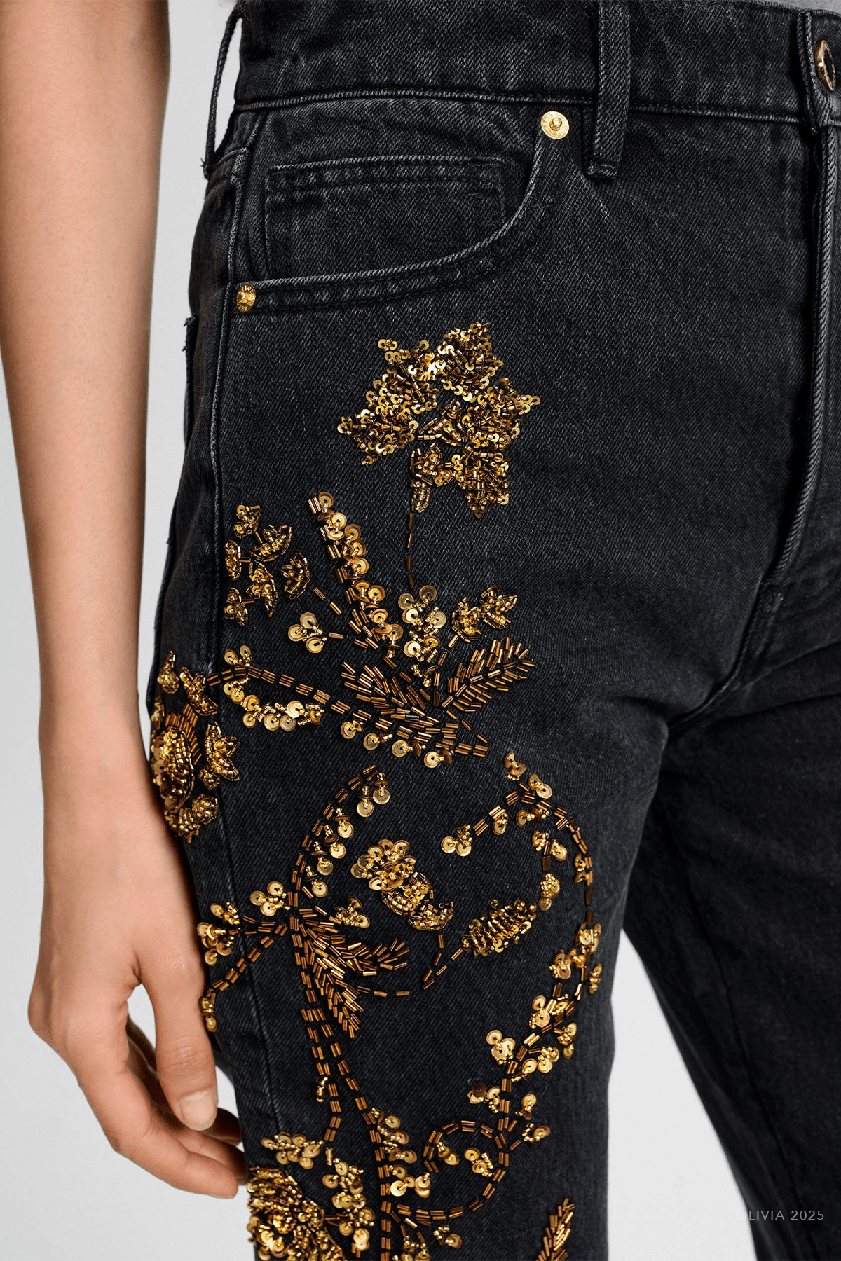 Daniela Embellished Straight - Leg Jean in Washed Onyx - shop - olivia.com