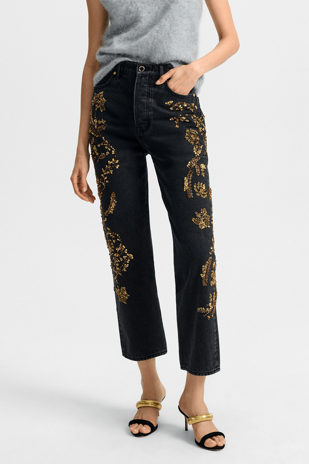 Daniela Embellished Straight - Leg Jean in Washed Onyx - shop - olivia.com