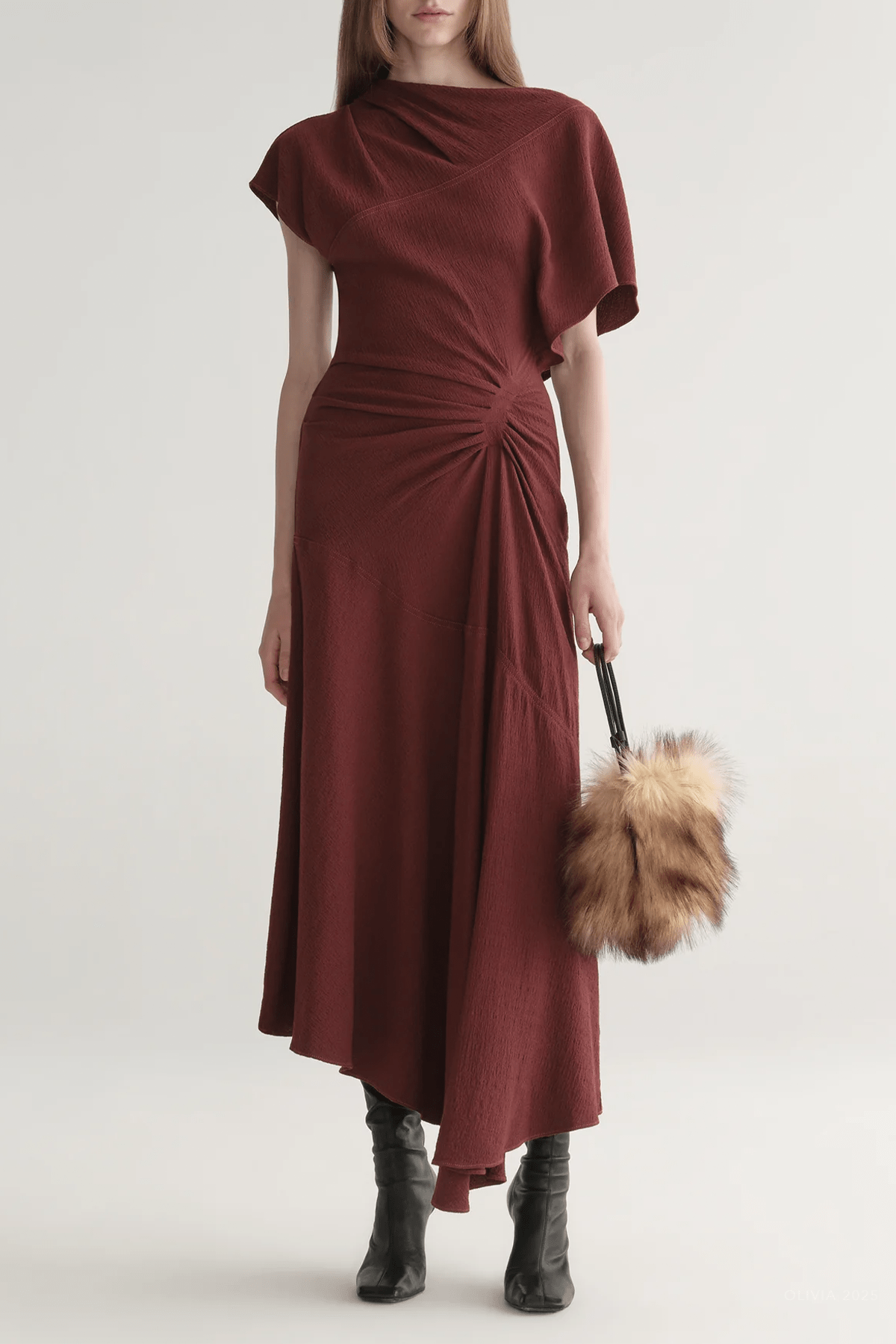 Dena Crepe Midi Dress in Black Cherry - shop - olivia.com