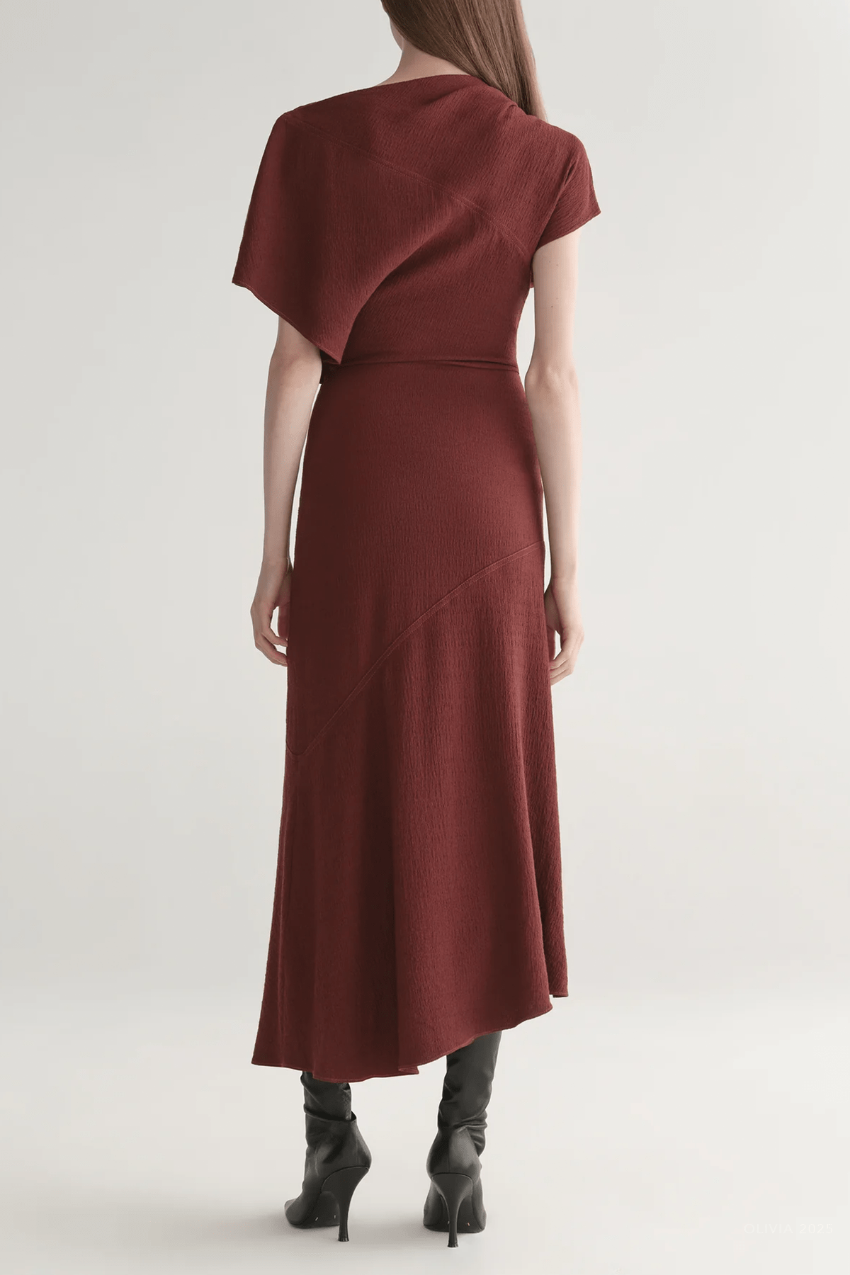 Dena Crepe Midi Dress in Black Cherry - shop - olivia.com