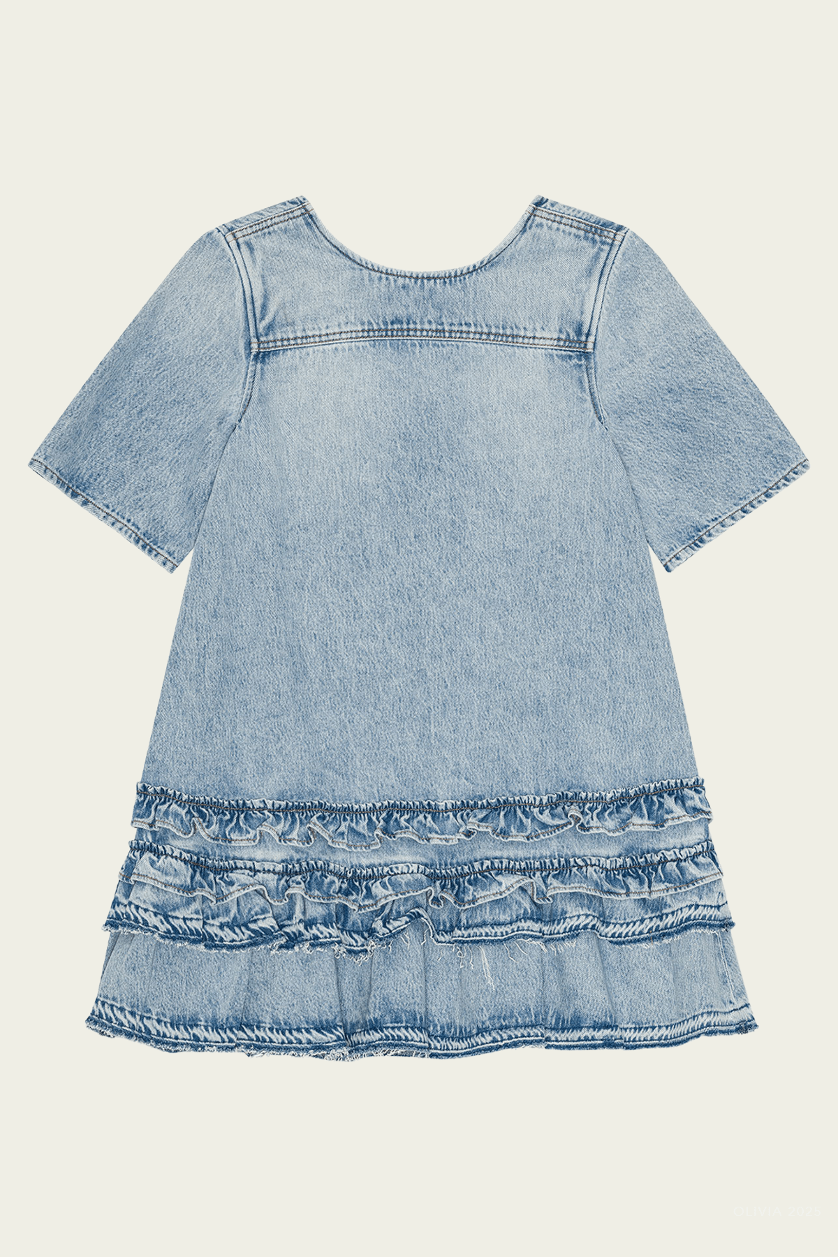 Denim Frill Mini Dress in Light Blue Stone - shop - olivia.com